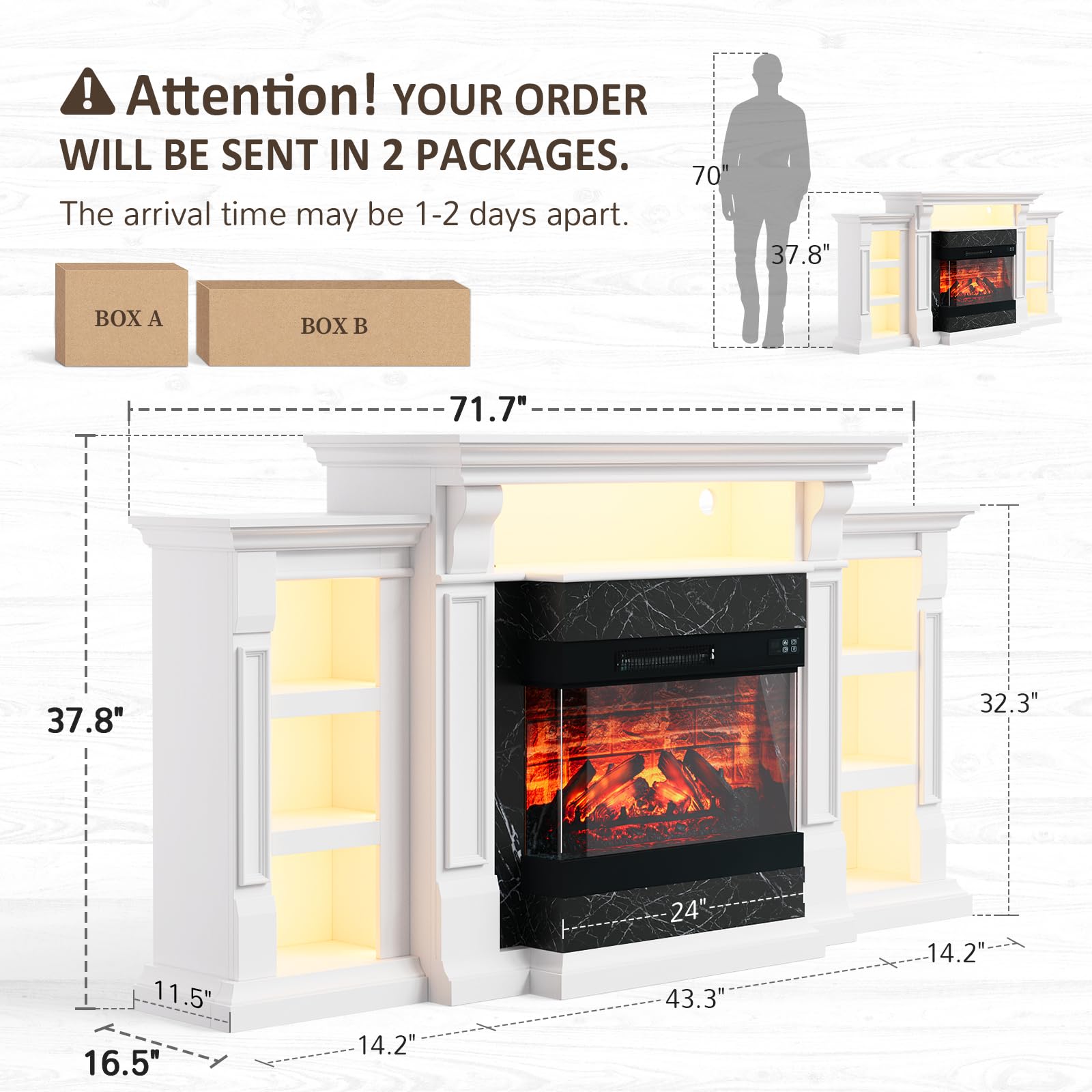 Naice 72" Electric Fireplace with Mantel, Freestanding Fireplace TV Stand with 23" 3-Side Glass Insert Heater for TVs Up to 80",Media Entertainment Center w/Storage Cabinet for Living Room,Black