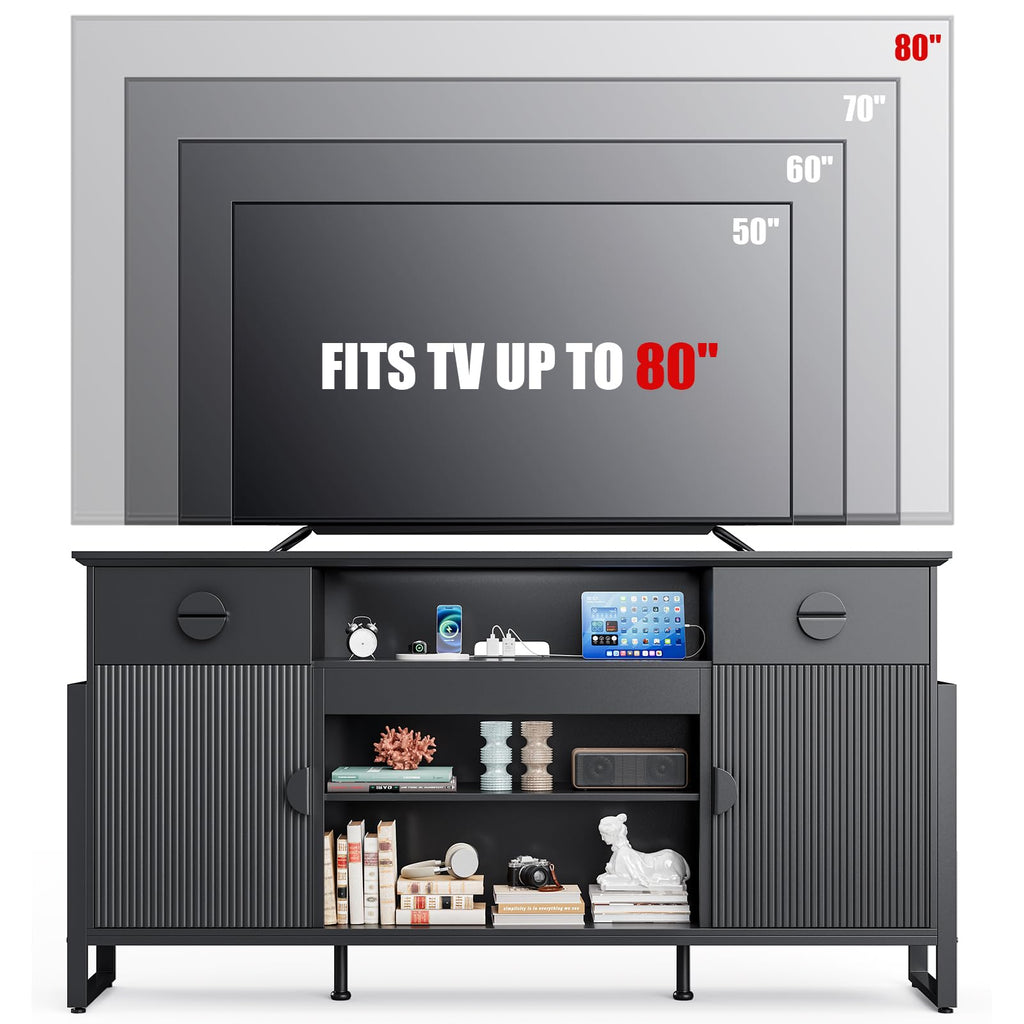 Naice TV Stand for 80 Inch TVs, LED Entertainment Center with Power Outlet, Farmhouse TV Stand w/Drawers & Sliding Barn Door, Media Console with Storage Cabinets for Living Room, White&Brown