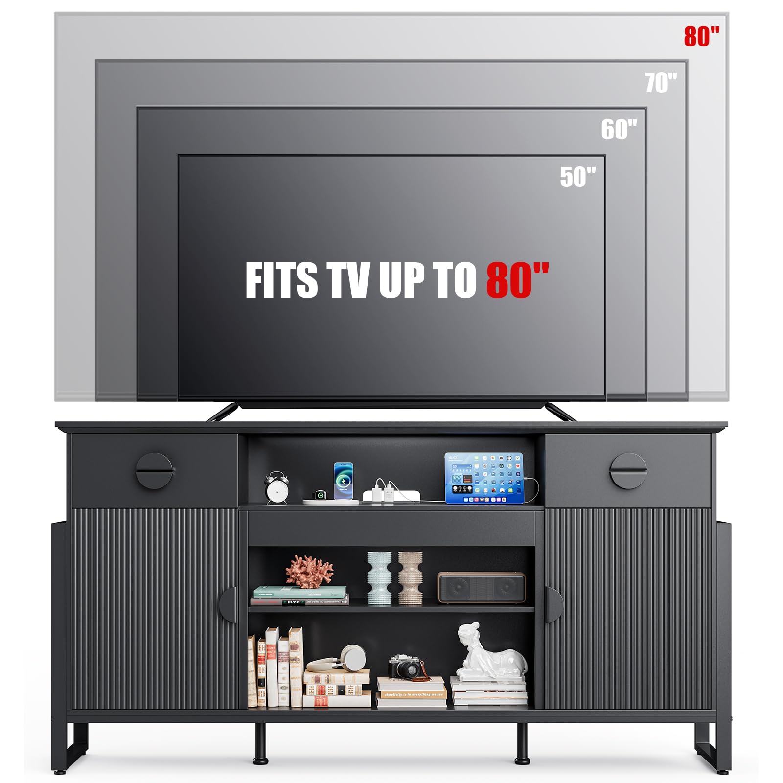 Naice TV Stand for 80 Inch TVs, LED Entertainment Center with Power Outlet, Farmhouse TV Stand w/Drawers & Sliding Barn Door, Media Console with Storage Cabinets for Living Room, White&Brown