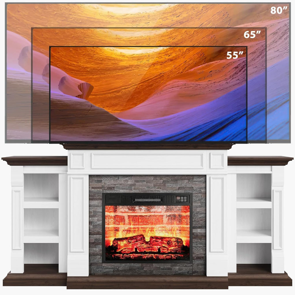 Naice 72" Electric Fireplace with Mantel and Cabinets, Fireplace TV Stand for Living Room Bedroom, Stacked Stone Surround and Remote Control 3D Realistic Flame, Black