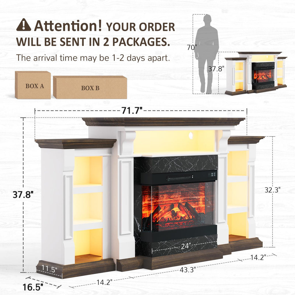 Naice 72" Electric Fireplace with Mantel, Freestanding Fireplace TV Stand with 23" 3-Side Glass Insert Heater for TVs Up to 80",Media Entertainment Center w/Storage Cabinet for Living Room,Black