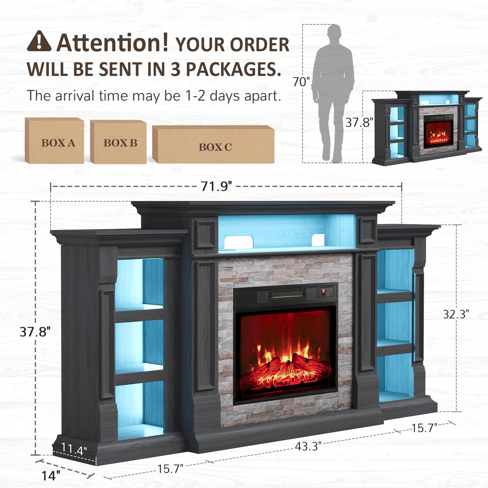Naice 72" Electric Fireplace with Mantel and Cabinets
