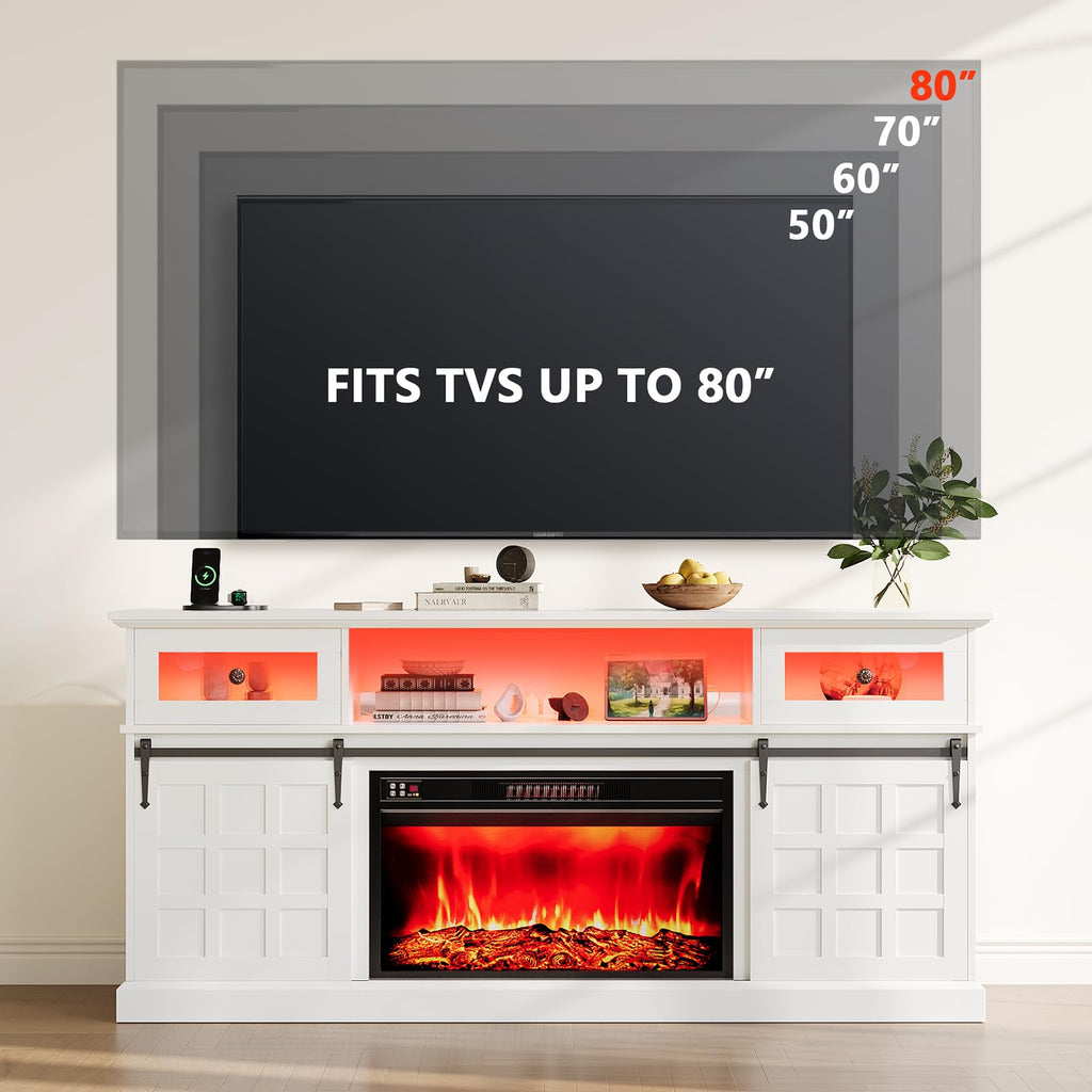 Naice TV Stand for 80 Inch TVs, LED Entertainment Center with Power Outlet, Farmhouse TV Stand w/Drawers & Sliding Barn Door, Media Console with Storage Cabinets for Living Room, White&Brown