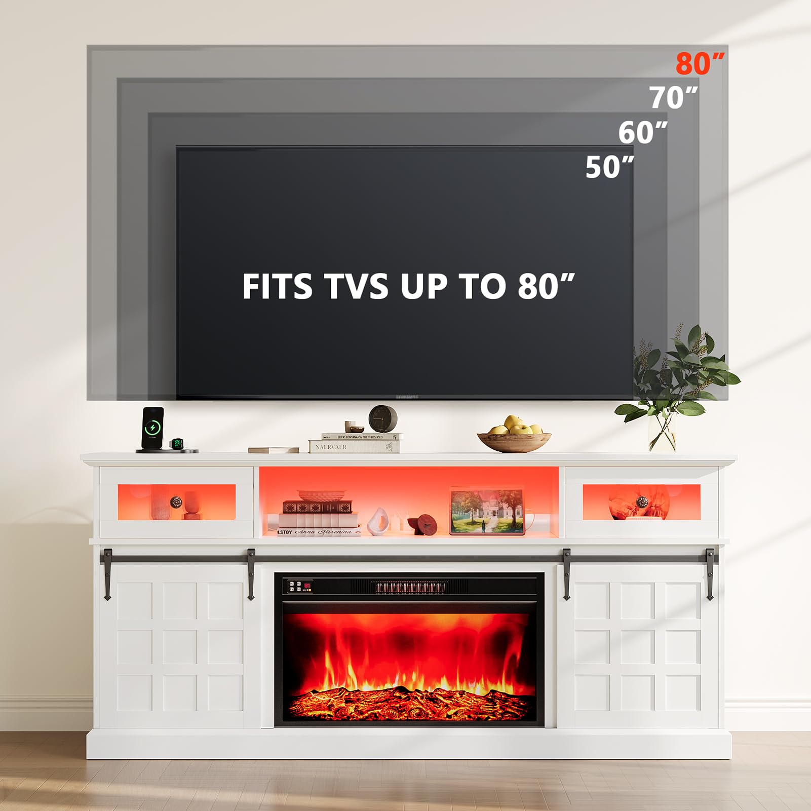 Naice TV Stand for 80 Inch TVs, LED Entertainment Center with Power Outlet, Farmhouse TV Stand w/Drawers & Sliding Barn Door, Media Console with Storage Cabinets for Living Room, White&Brown