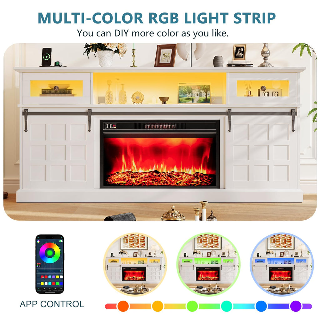 Naice TV Stand for 80 Inch TVs, LED Entertainment Center with Power Outlet, Farmhouse TV Stand w/Drawers & Sliding Barn Door, Media Console with Storage Cabinets for Living Room, White&Brown