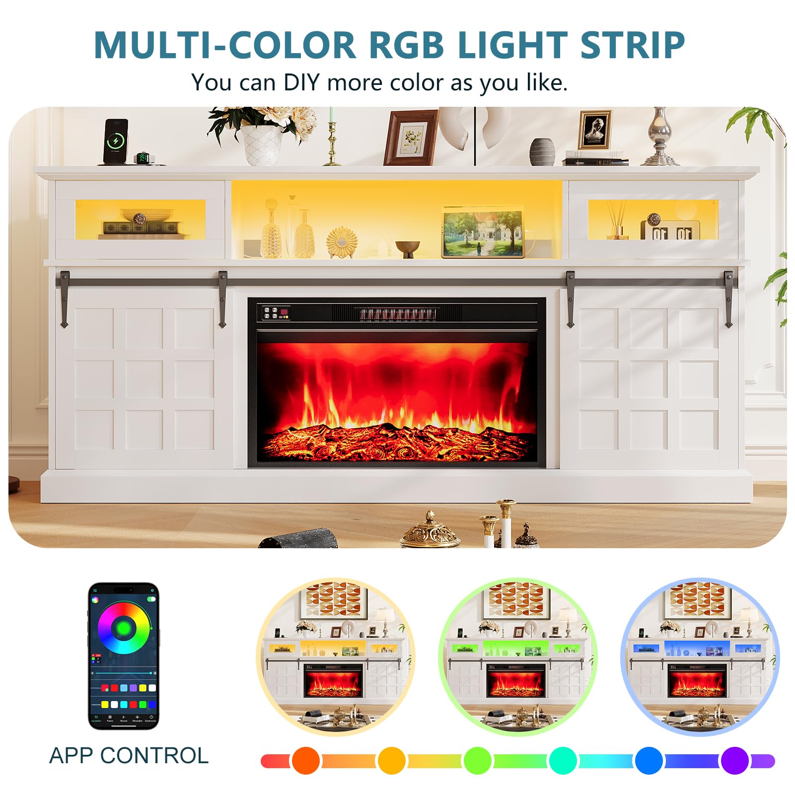 Naice TV Stand for 80 Inch TVs, LED Entertainment Center with Power Outlet, Farmhouse TV Stand w/Drawers & Sliding Barn Door, Media Console with Storage Cabinets for Living Room, White&Brown