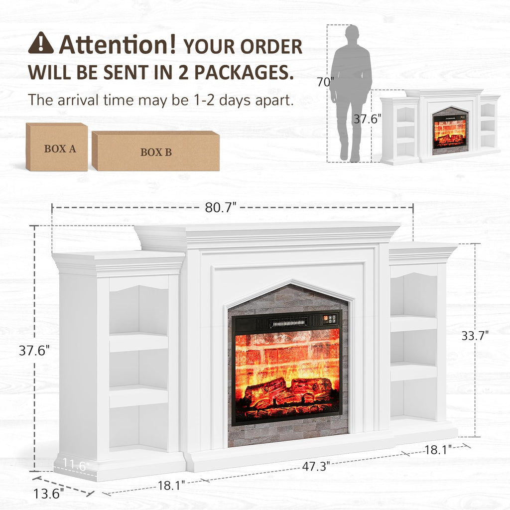 Naice 72" Electric Fireplace with Mantel, Freestanding Fireplace TV Stand with 23" 3-Side Glass Insert Heater for TVs Up to 80",Media Entertainment Center w/Storage Cabinet for Living Room,Black