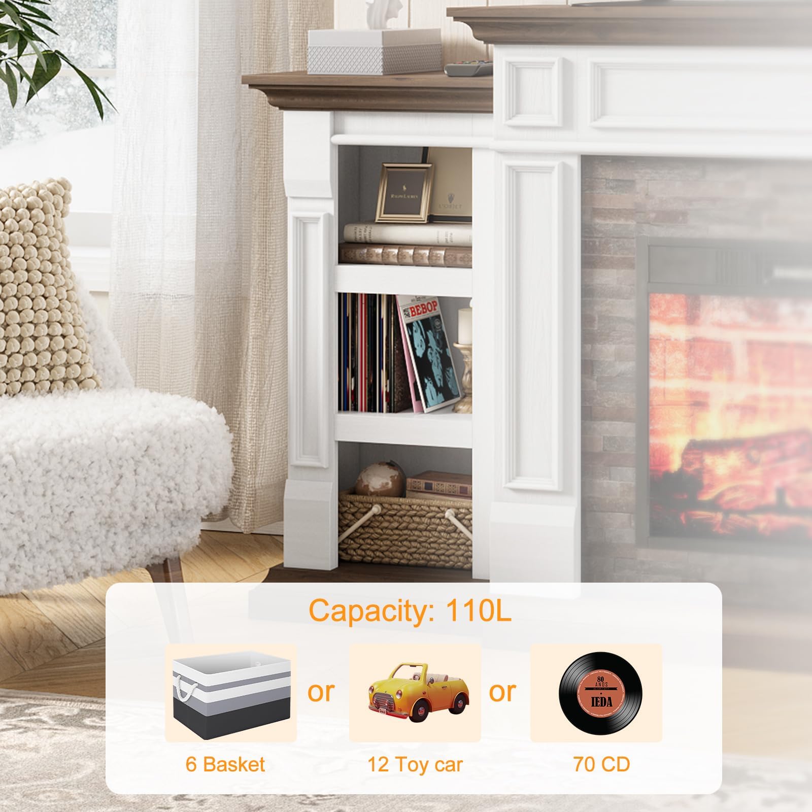 Naice 72" Electric Fireplace with Mantel and Cabinets, Fireplace TV Stand for Living Room Bedroom, Stacked Stone Surround and Remote Control 3D Realistic Flame, Black