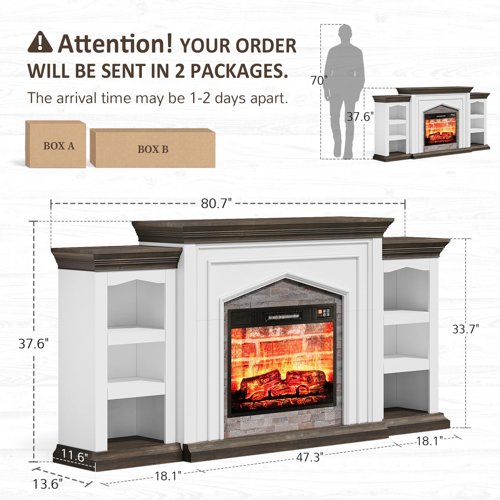 Naice 72" Electric Fireplace with Mantel, Freestanding Fireplace TV Stand with 23" 3-Side Glass Insert Heater for TVs Up to 80",Media Entertainment Center w/Storage Cabinet for Living Room,Black