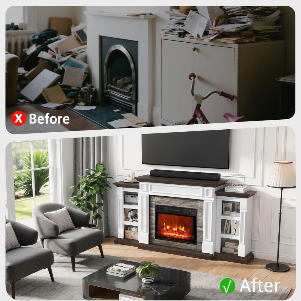 44" Electric Fireplace Mantel, LED Farmhouse TV Stand with Electric Fireplace Heater, Stacked Stone Surround and Remote Control 3D Realistic Flame, White Fireplace for Living Room Bedroom