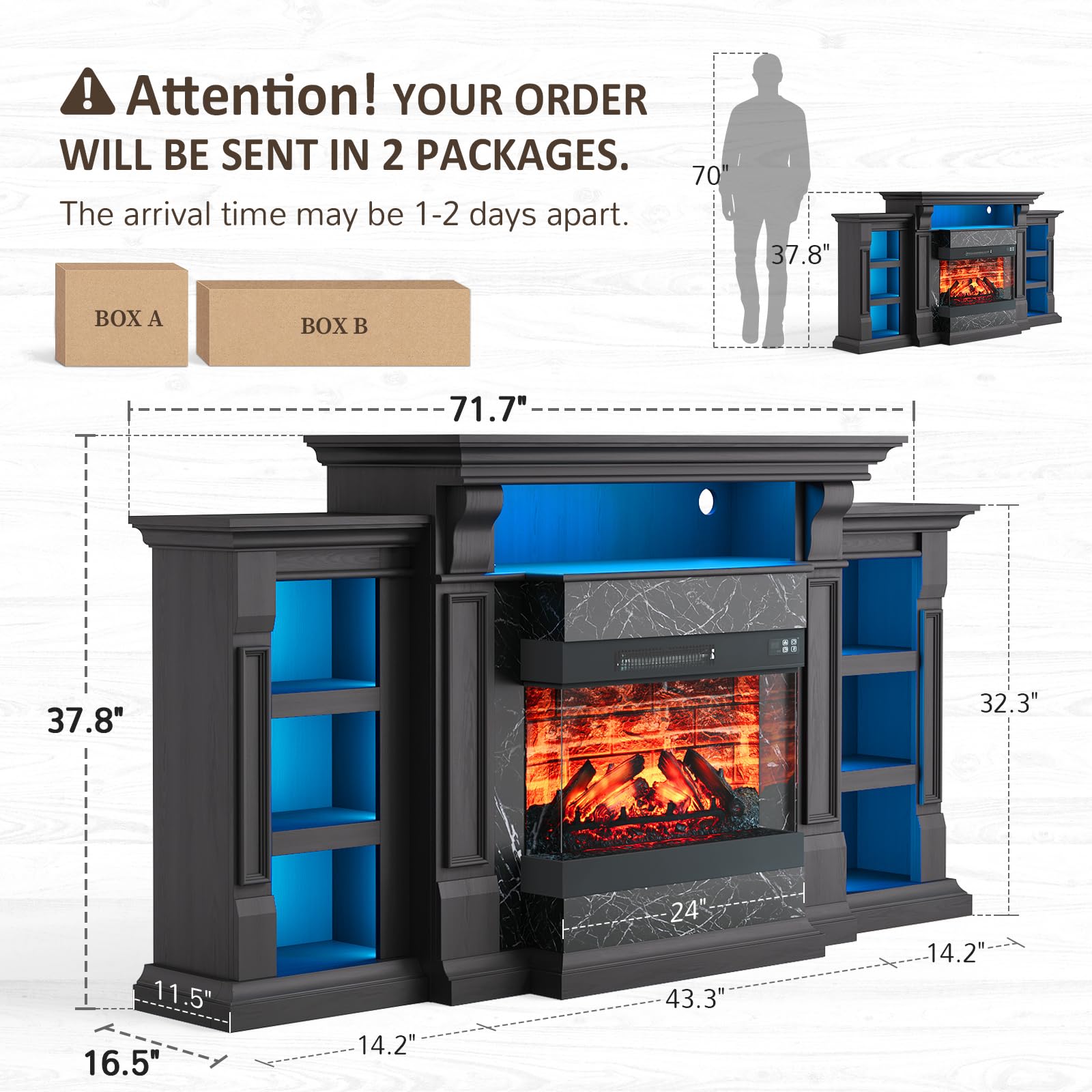 Naice 72" Electric Fireplace with Mantel, Freestanding Fireplace TV Stand with 23" 3-Side Glass Insert Heater for TVs Up to 80",Media Entertainment Center w/Storage Cabinet for Living Room,Black