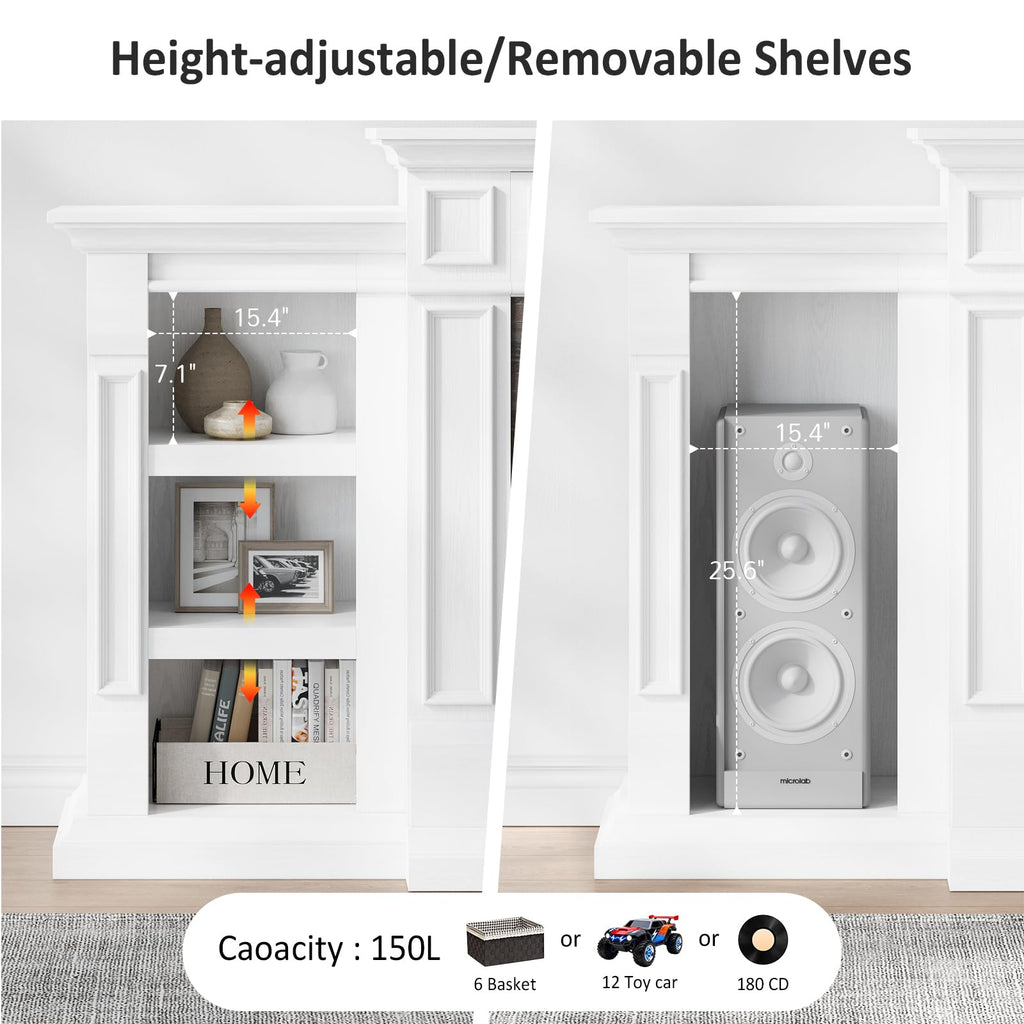 44" Electric Fireplace Mantel, LED Farmhouse TV Stand with Electric Fireplace Heater, Stacked Stone Surround and Remote Control 3D Realistic Flame, White Fireplace for Living Room Bedroom