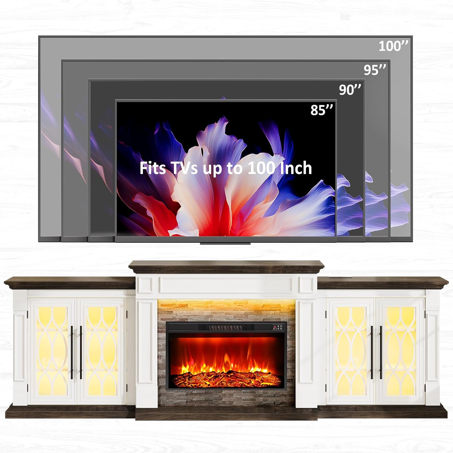Naice 72" Electric Fireplace with Mantel and Cabinets, Fireplace TV Stand for Living Room Bedroom, Stacked Stone Surround and Remote Control 3D Realistic Flame, Black