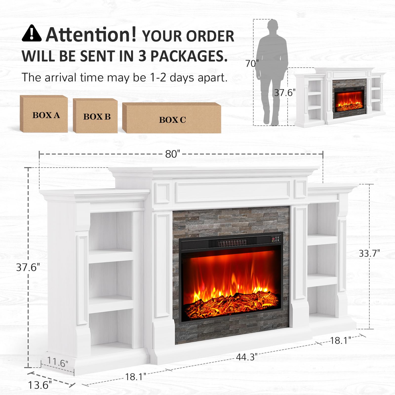 Naice 72" Electric Fireplace with Mantel and Cabinets
