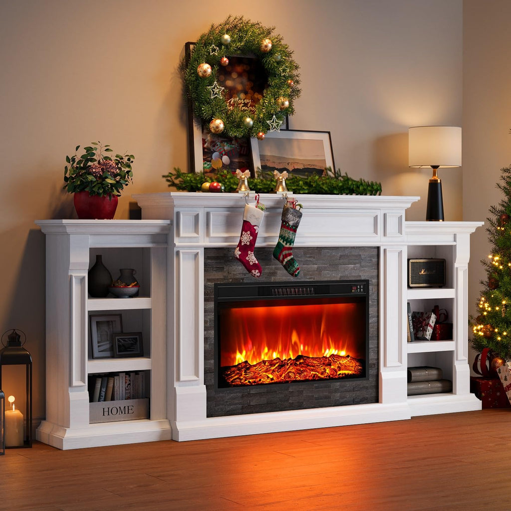 Naice 72" Electric Fireplace with Mantel and Cabinets, Fireplace TV Stand for Living Room Bedroom, Stacked Stone Surround and Remote Control 3D Realistic Flame