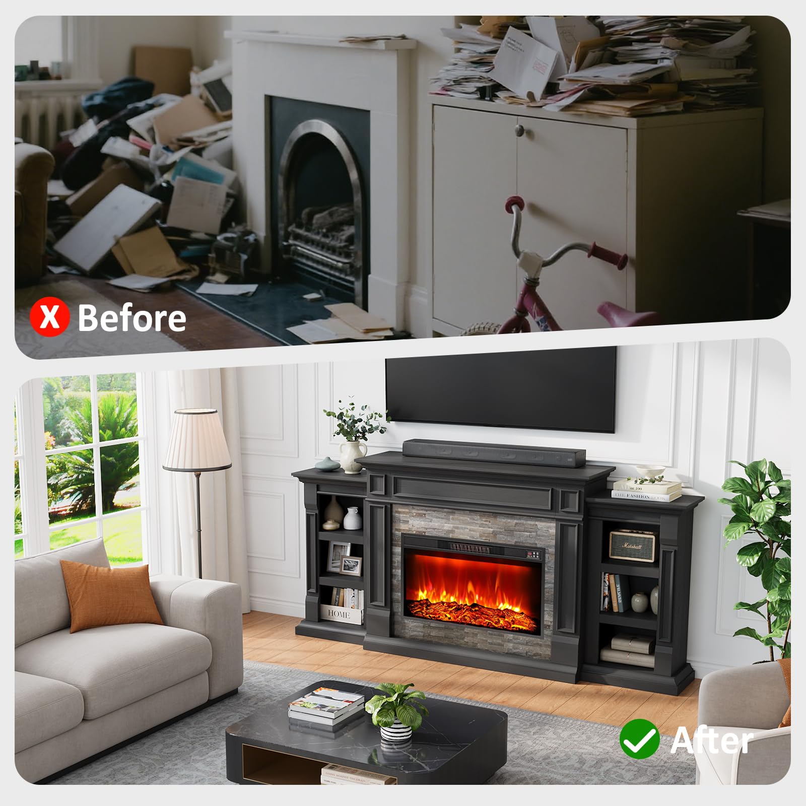 Naice 80" Electric Fireplace with Mantel and Cabinets