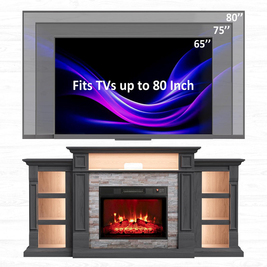 Naice 72" Electric Fireplace with Mantel and Cabinets