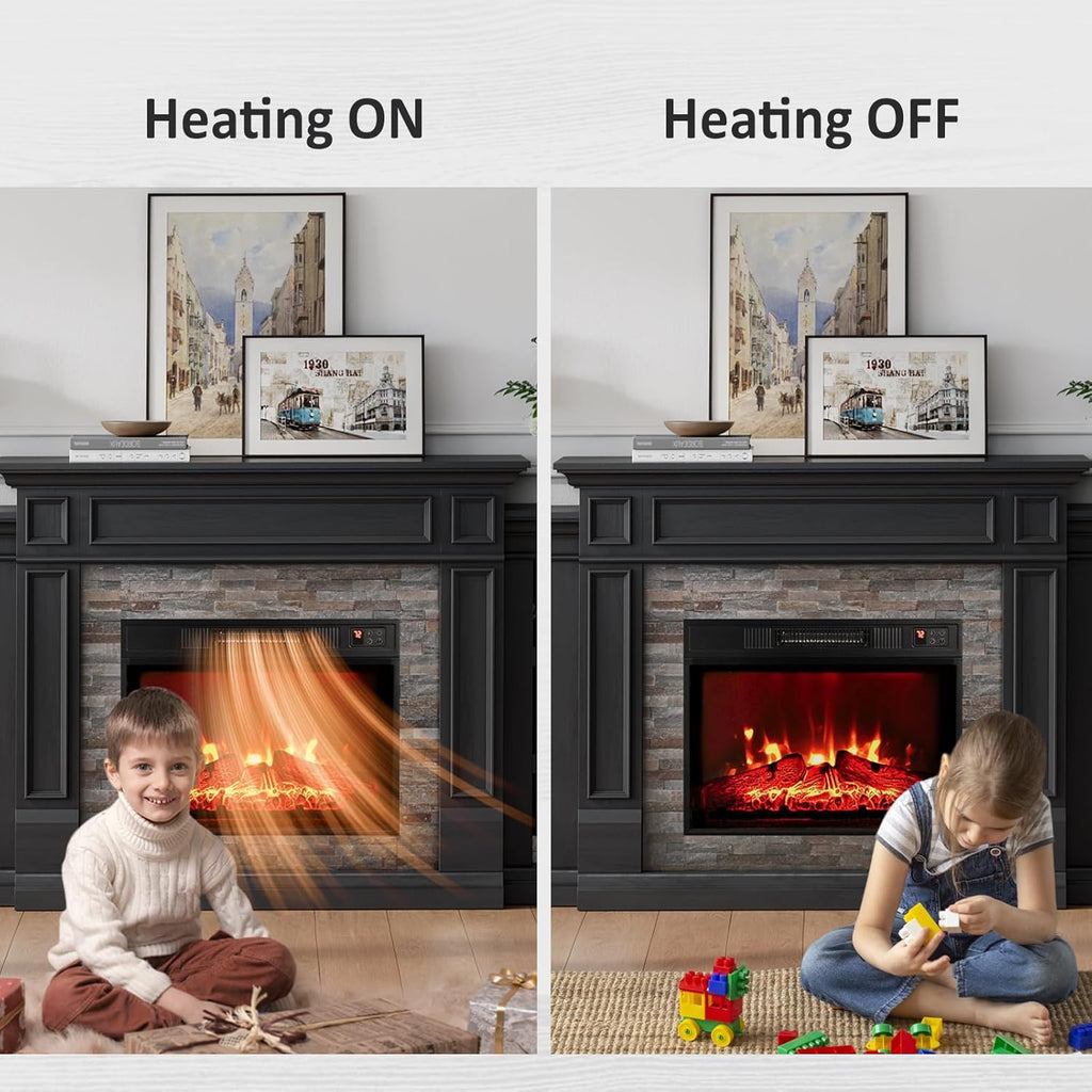 Naice 72" Electric Fireplace with Mantel and Cabinets, Fireplace TV Stand for Living Room Bedroom, Stacked Stone Surround and Remote Control 3D Realistic Flame, Black