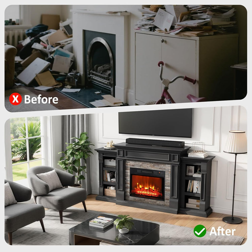 Naice 72" Electric Fireplace with Mantel and Cabinets, Fireplace TV Stand for Living Room Bedroom, Stacked Stone Surround and Remote Control 3D Realistic Flame, Black