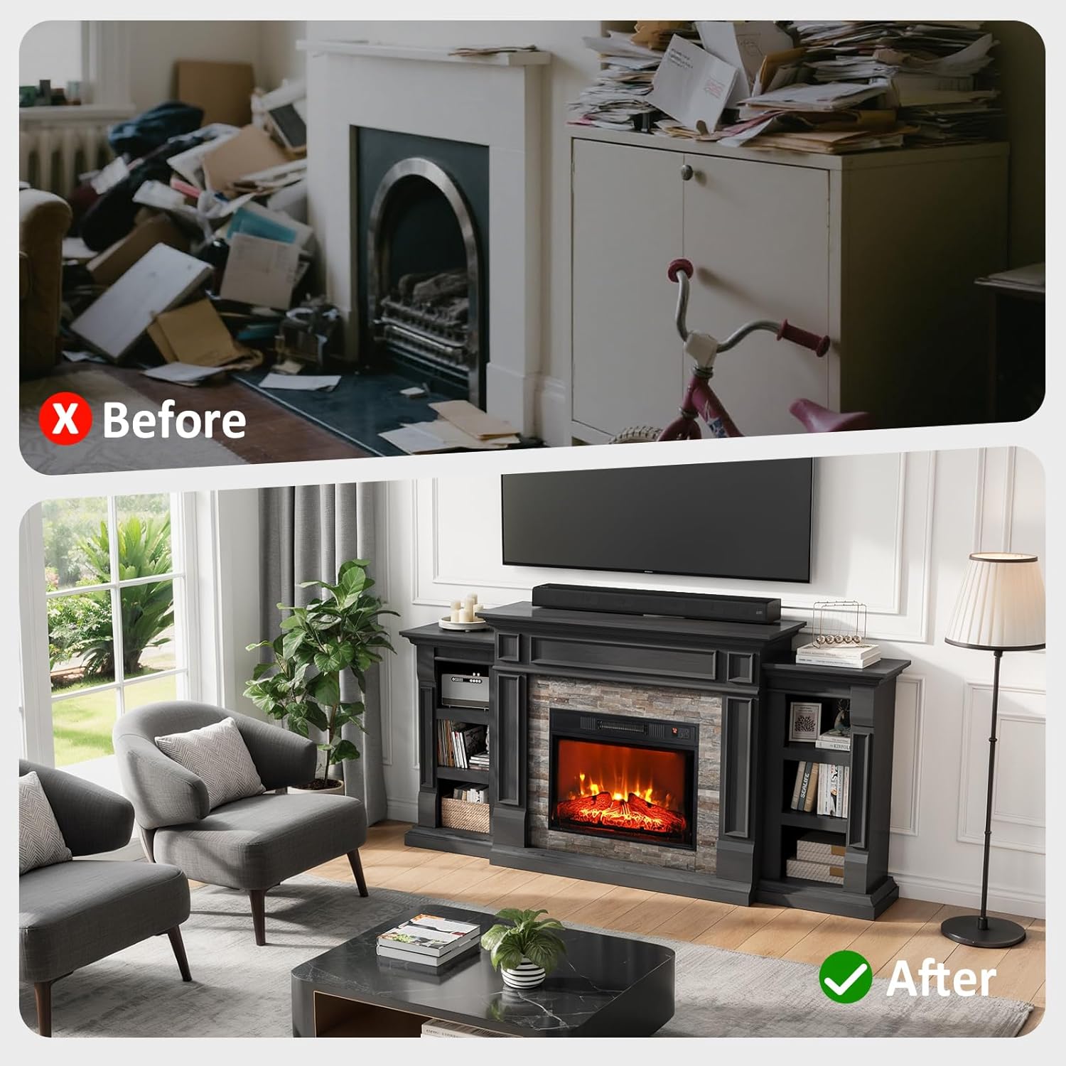 Naice 72" Electric Fireplace with Mantel and Cabinets, Fireplace TV Stand for Living Room Bedroom, Stacked Stone Surround and Remote Control 3D Realistic Flame, Black