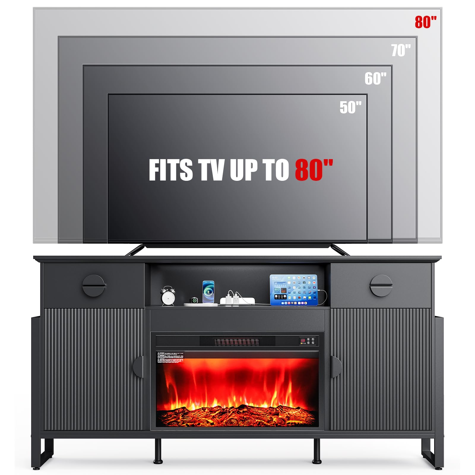 Naice TV Stand for 80 Inch TVs, LED Entertainment Center with Power Outlet, Farmhouse TV Stand w/Drawers & Sliding Barn Door, Media Console with Storage Cabinets for Living Room, White&Brown