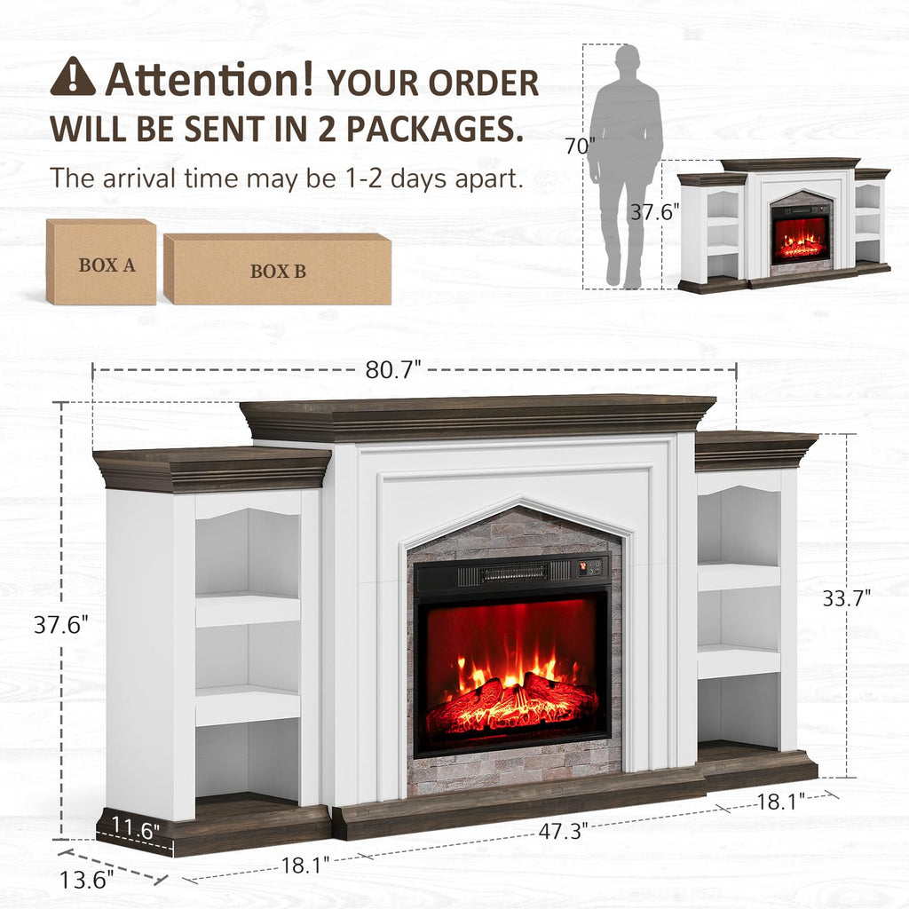 Naice 80" Electric Fireplace with Mantel, Fireplace TV Stand for TVs Up to 90in, Farmhouse Entertainment Center with Storage Cabinets, 23" Insert Heater w/Realistic Flame for Living Room, White