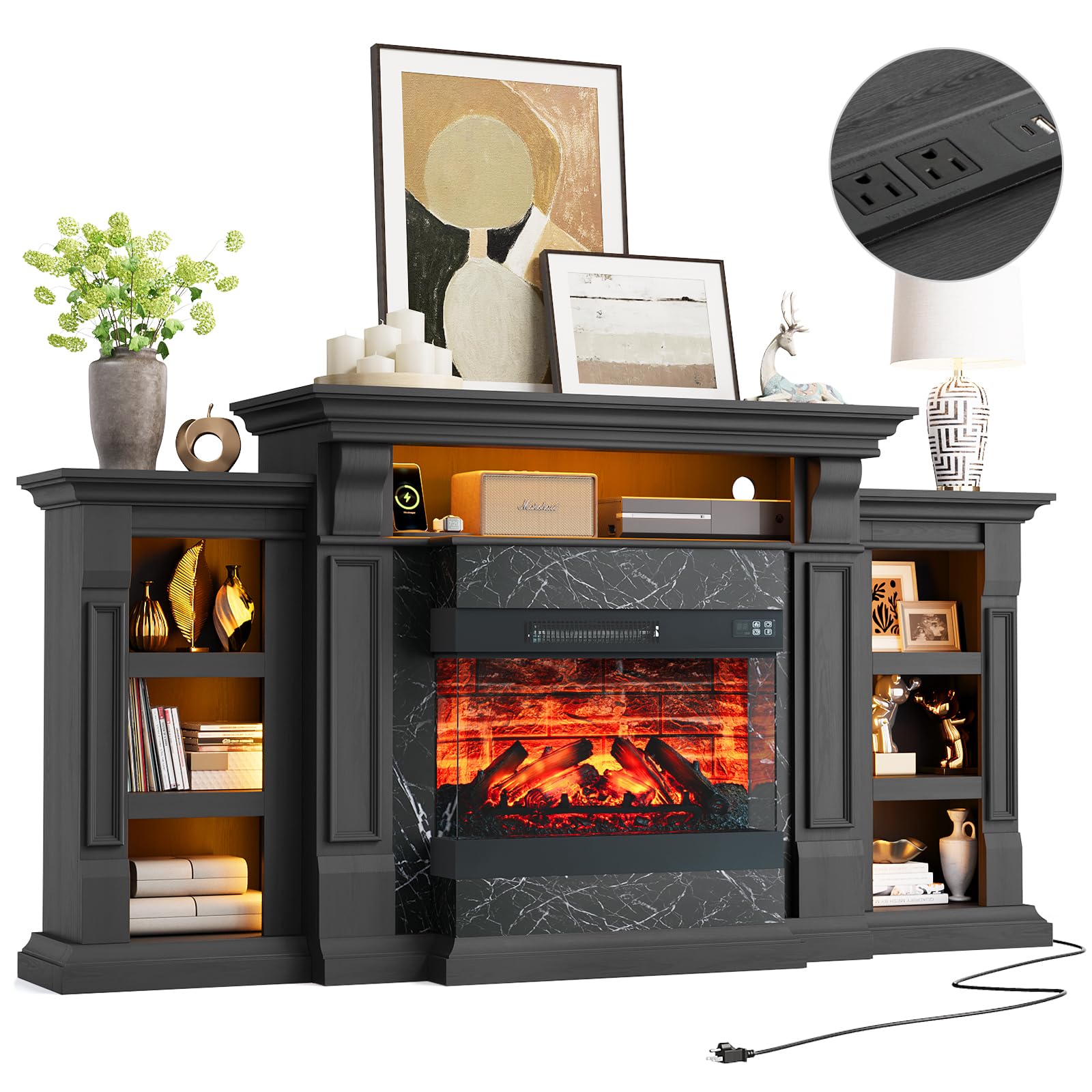 Naice 72" Electric Fireplace with Mantel, Freestanding Fireplace TV Stand with 23" 3-Side Glass Insert Heater for TVs Up to 80",Media Entertainment Center w/Storage Cabinet for Living Room,Black