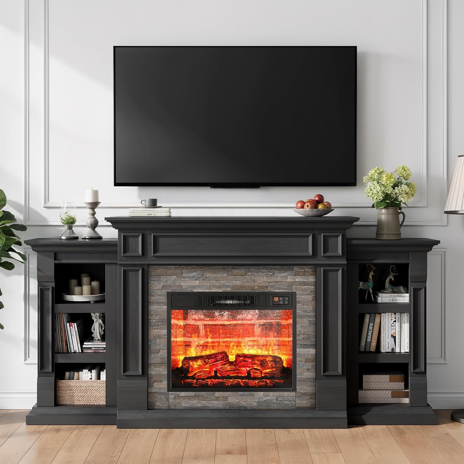 Naice 72" Electric Fireplace with Mantel and Cabinets, Fireplace TV Stand for Living Room Bedroom, Stacked Stone Surround and Remote Control 3D Realistic Flame