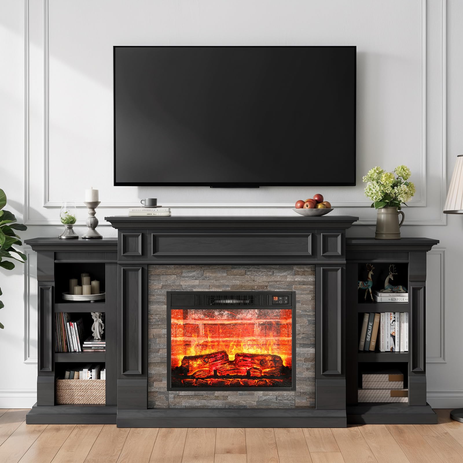 Naice 72" Electric Fireplace with Mantel and Cabinets, Fireplace TV Stand for Living Room Bedroom, Stacked Stone Surround and Remote Control 3D Realistic Flame, Black