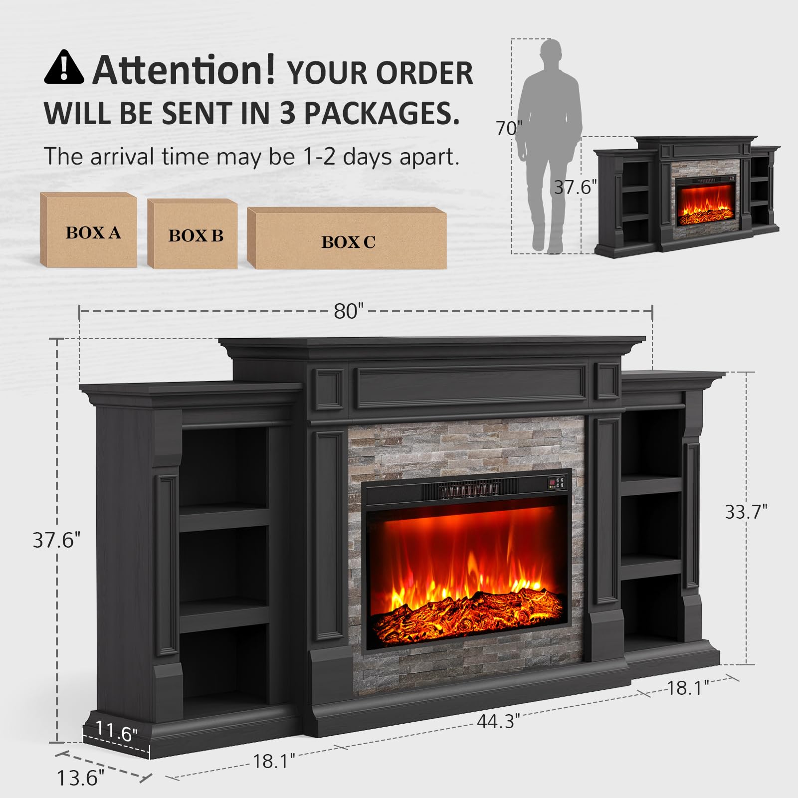 Naice 72" Electric Fireplace with Mantel and Cabinets