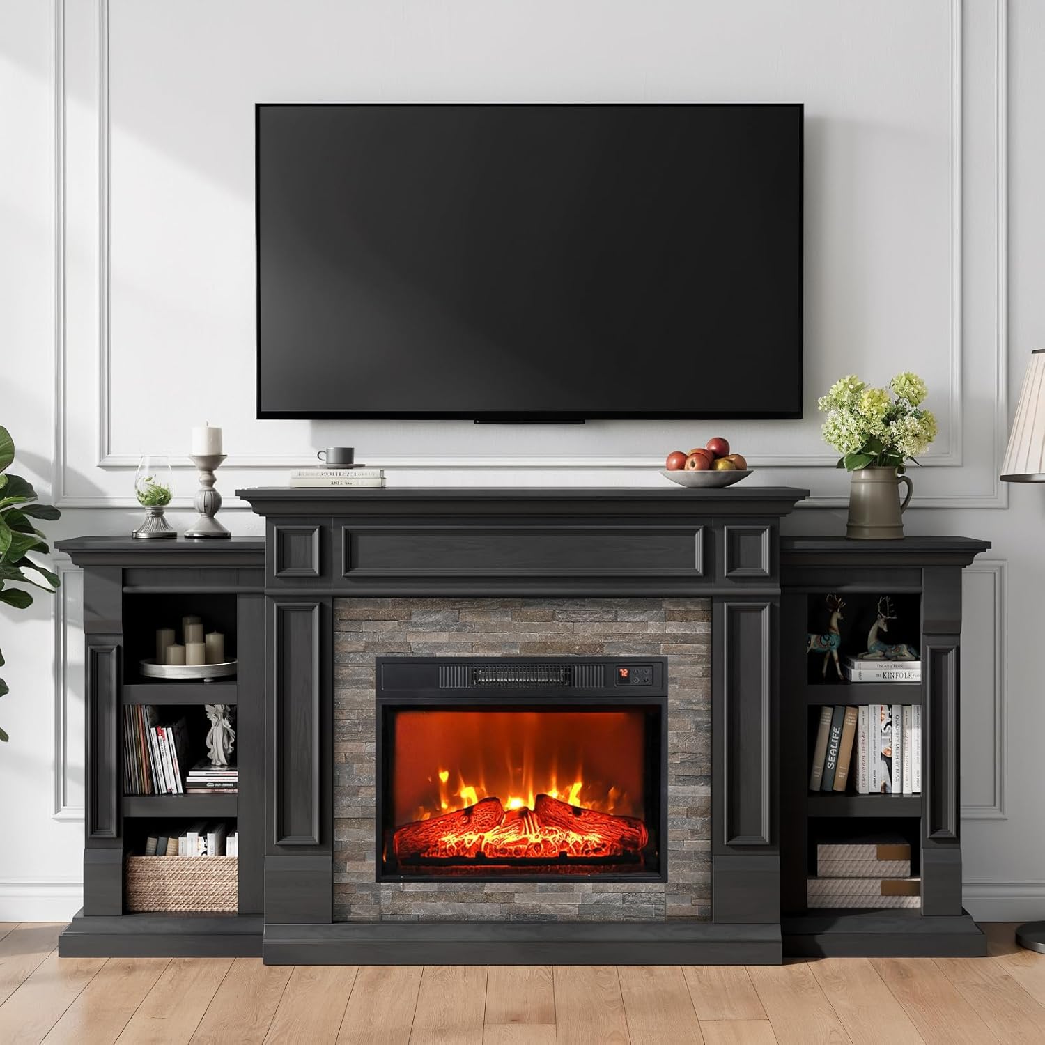 Naice 72" Electric Fireplace with Mantel and Cabinets, Fireplace TV Stand for Living Room Bedroom, Stacked Stone Surround and Remote Control 3D Realistic Flame, Black