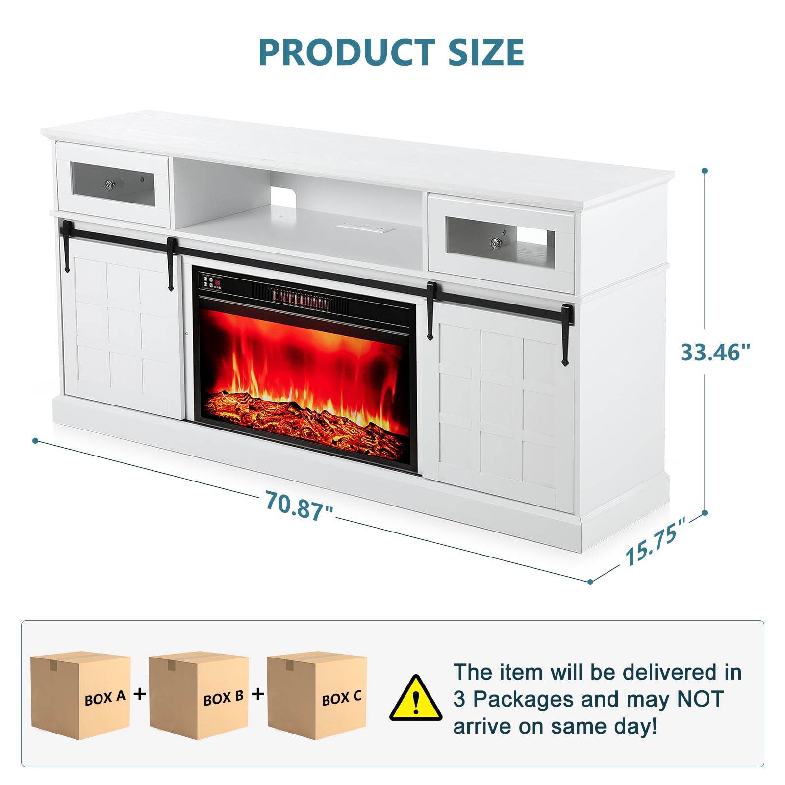 Naice TV Stand for 80 Inch TVs, LED Entertainment Center with Power Outlet, Farmhouse TV Stand w/Drawers & Sliding Barn Door, Media Console with Storage Cabinets for Living Room, White&Brown