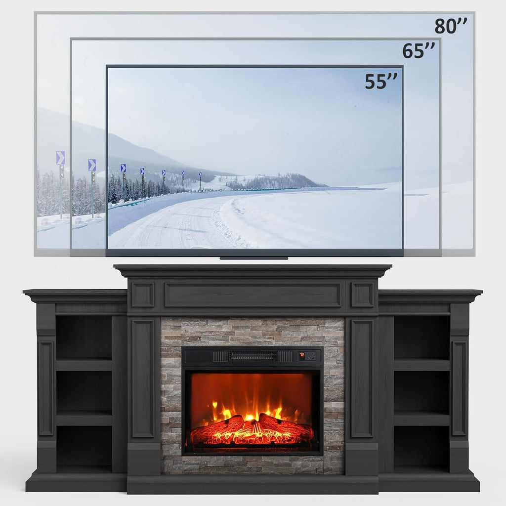Naice 72" Electric Fireplace with Mantel and Cabinets, Fireplace TV Stand for Living Room Bedroom, Stacked Stone Surround and Remote Control 3D Realistic Flame, Black