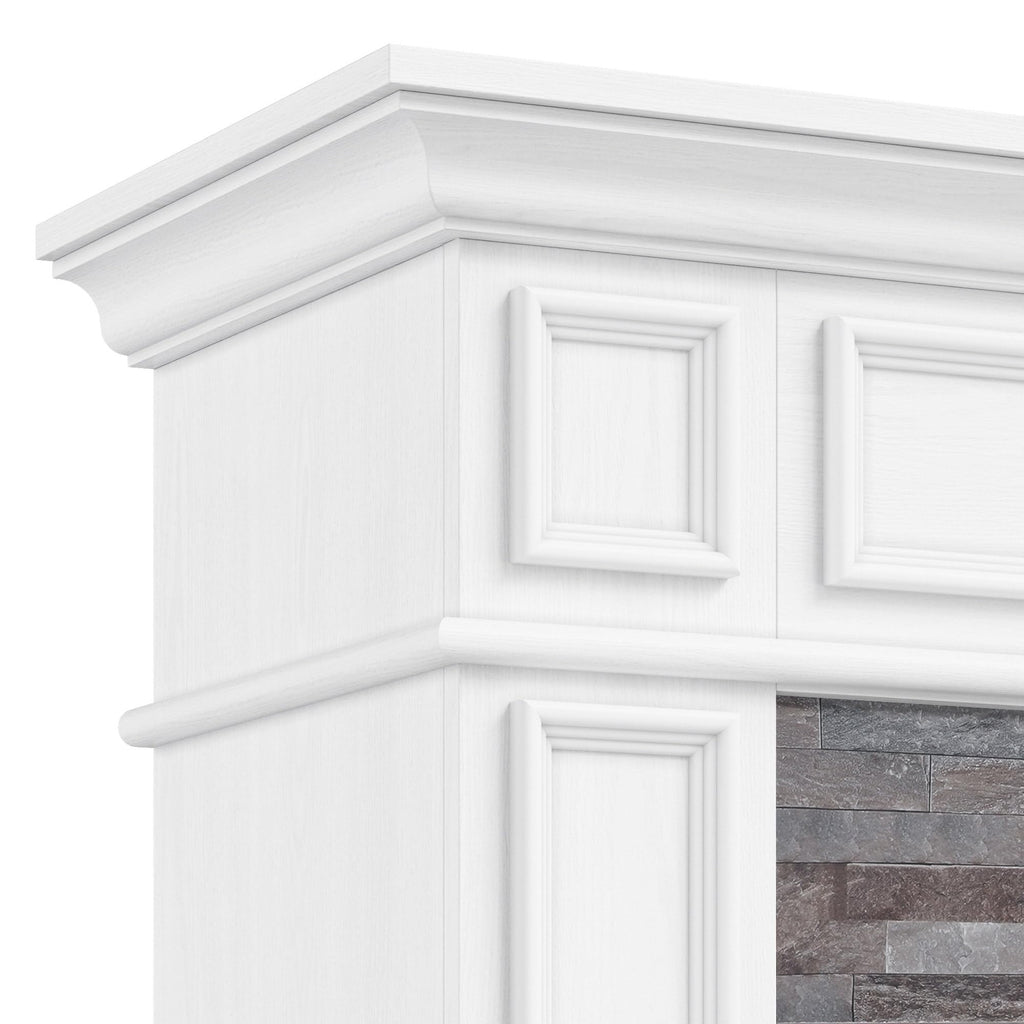 44" Electric Fireplace Mantel, LED Farmhouse TV Stand with Electric Fireplace Heater, Stacked Stone Surround and Remote Control 3D Realistic Flame, White Fireplace for Living Room Bedroom