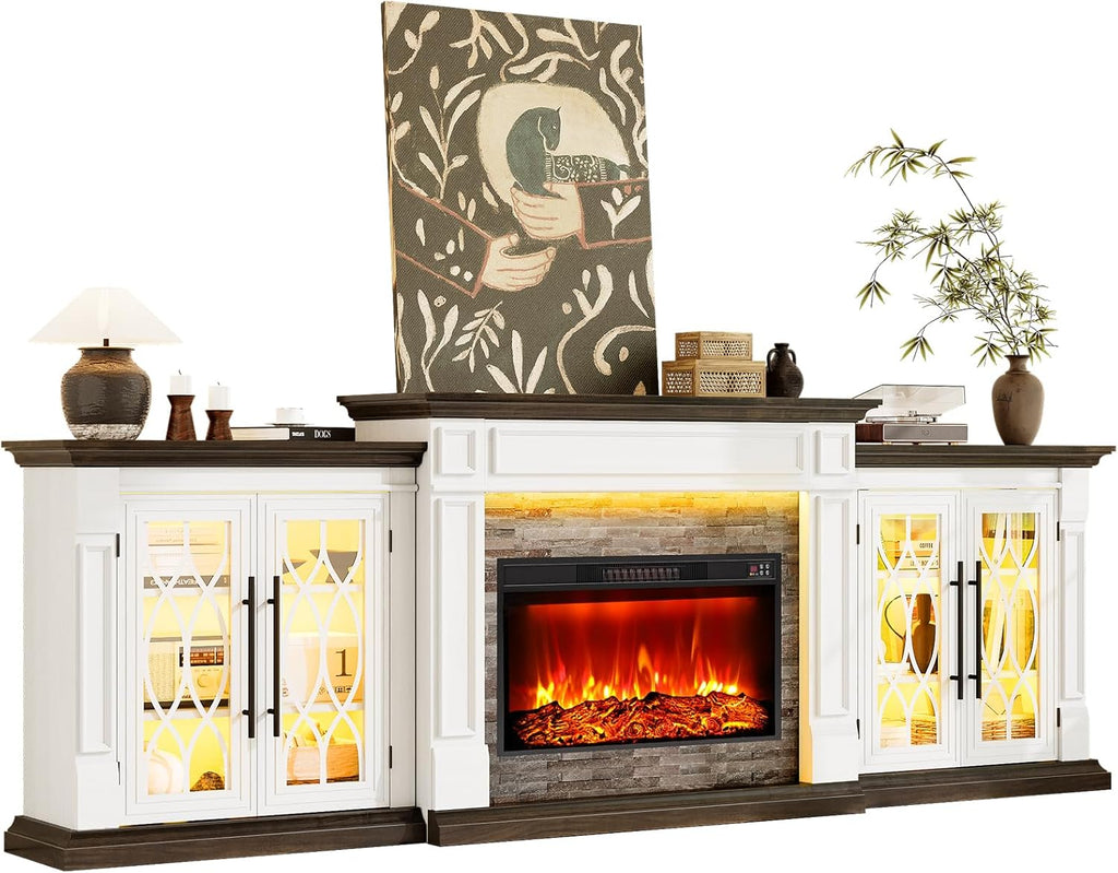 Naice 72" Electric Fireplace with Mantel and Cabinets, Fireplace TV Stand for Living Room Bedroom, Stacked Stone Surround and Remote Control 3D Realistic Flame, Black