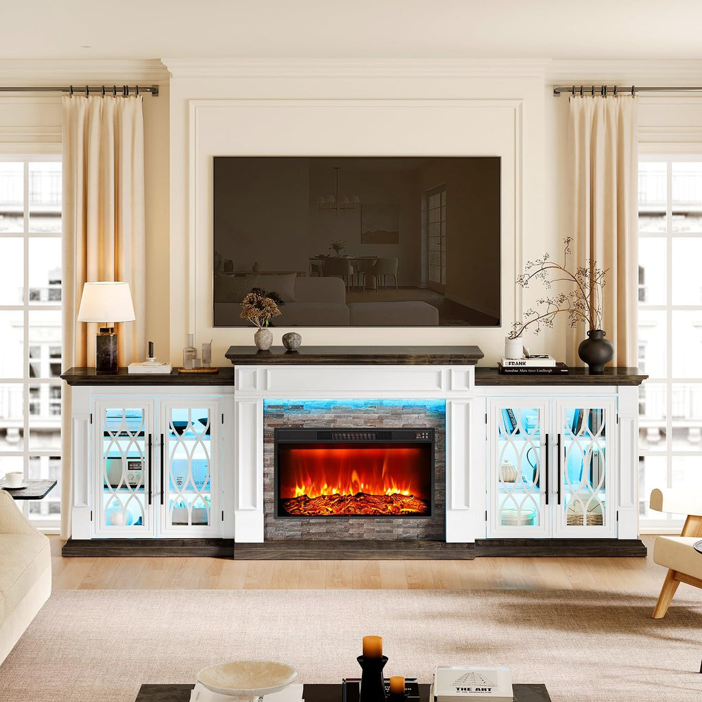 44" Electric Fireplace Mantel, LED Farmhouse TV Stand with Electric Fireplace Heater, Stacked Stone Surround and Remote Control 3D Realistic Flame, White Fireplace for Living Room Bedroom