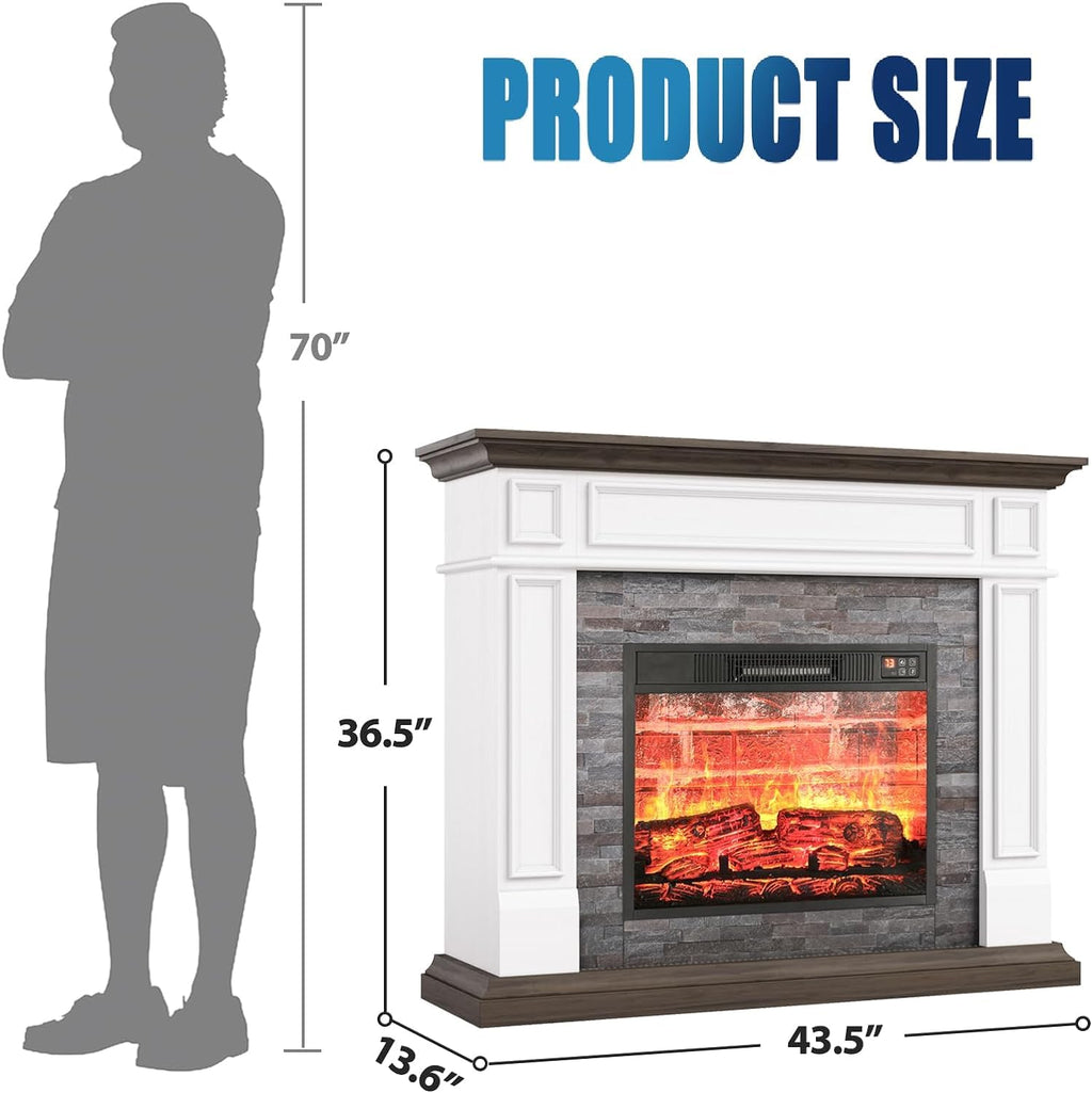 44" Electric Fireplace Mantel, LED Farmhouse TV Stand with Electric Fireplace Heater, Stacked Stone Surround and Remote Control 3D Realistic Flame, White Fireplace for Living Room Bedroom