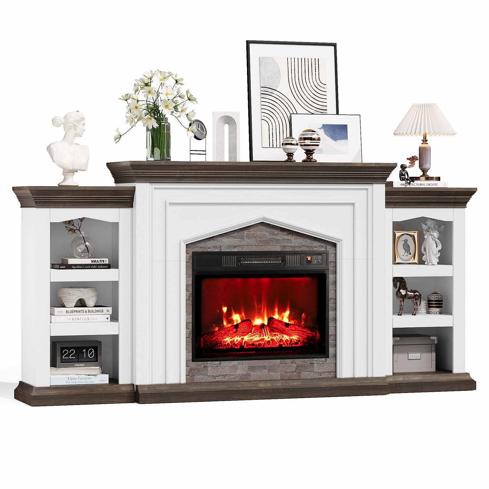 Naice 80" Electric Fireplace with Mantel, Fireplace TV Stand for TVs Up to 90in, Farmhouse Entertainment Center with Storage Cabinets, 23" Insert Heater w/Realistic Flame for Living Room, White