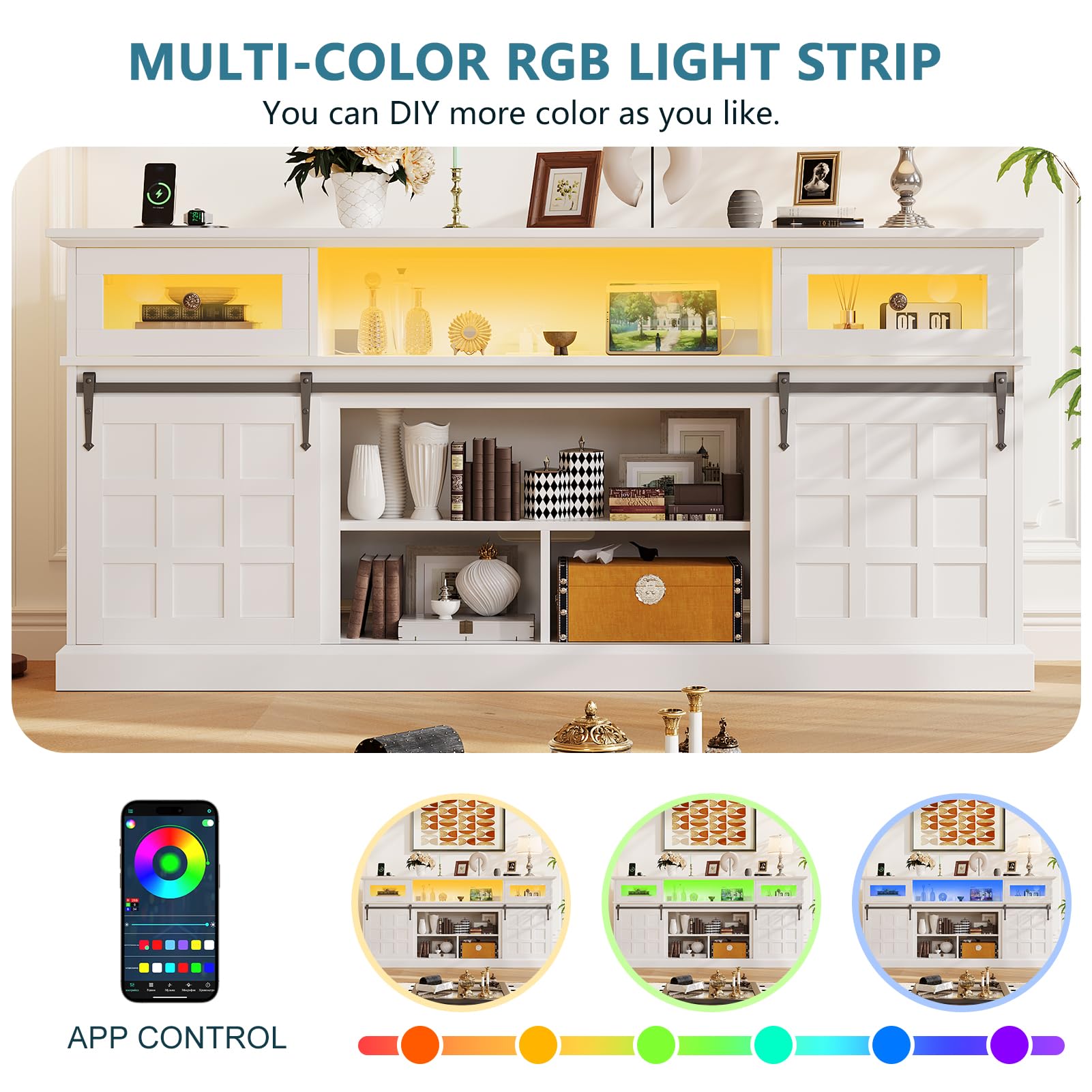 Naice TV Stand for 80 Inch TVs, LED Entertainment Center with Power Outlet, Farmhouse TV Stand w/Drawers & Sliding Barn Door, Media Console with Storage Cabinets for Living Room, White&Brown