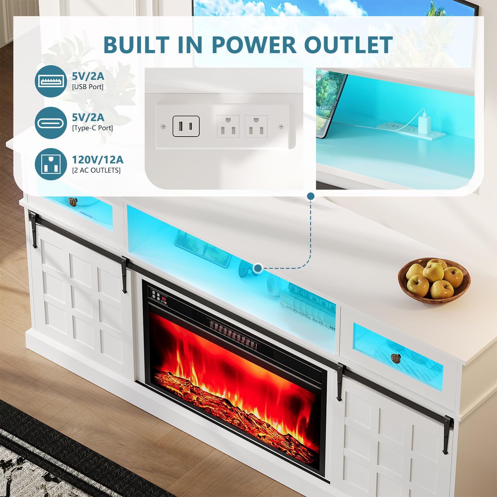 Naice TV Stand for 80 Inch TVs, LED Entertainment Center with Power Outlet, Farmhouse TV Stand w/Drawers & Sliding Barn Door, Media Console with Storage Cabinets for Living Room, White&Brown