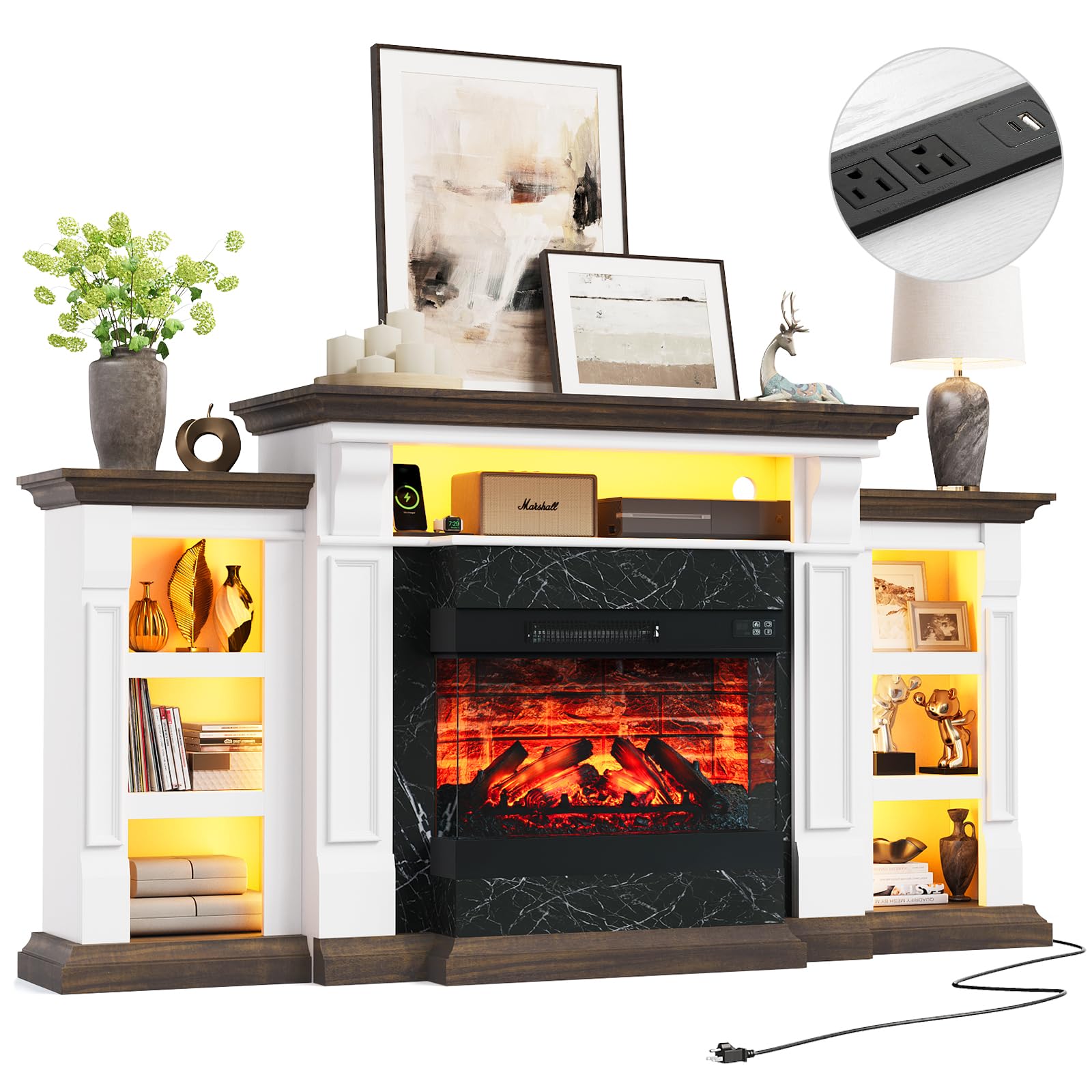 Naice 72" Electric Fireplace with Mantel, Freestanding Fireplace TV Stand with 23" 3-Side Glass Insert Heater for TVs Up to 80",Media Entertainment Center w/Storage Cabinet for Living Room,Black