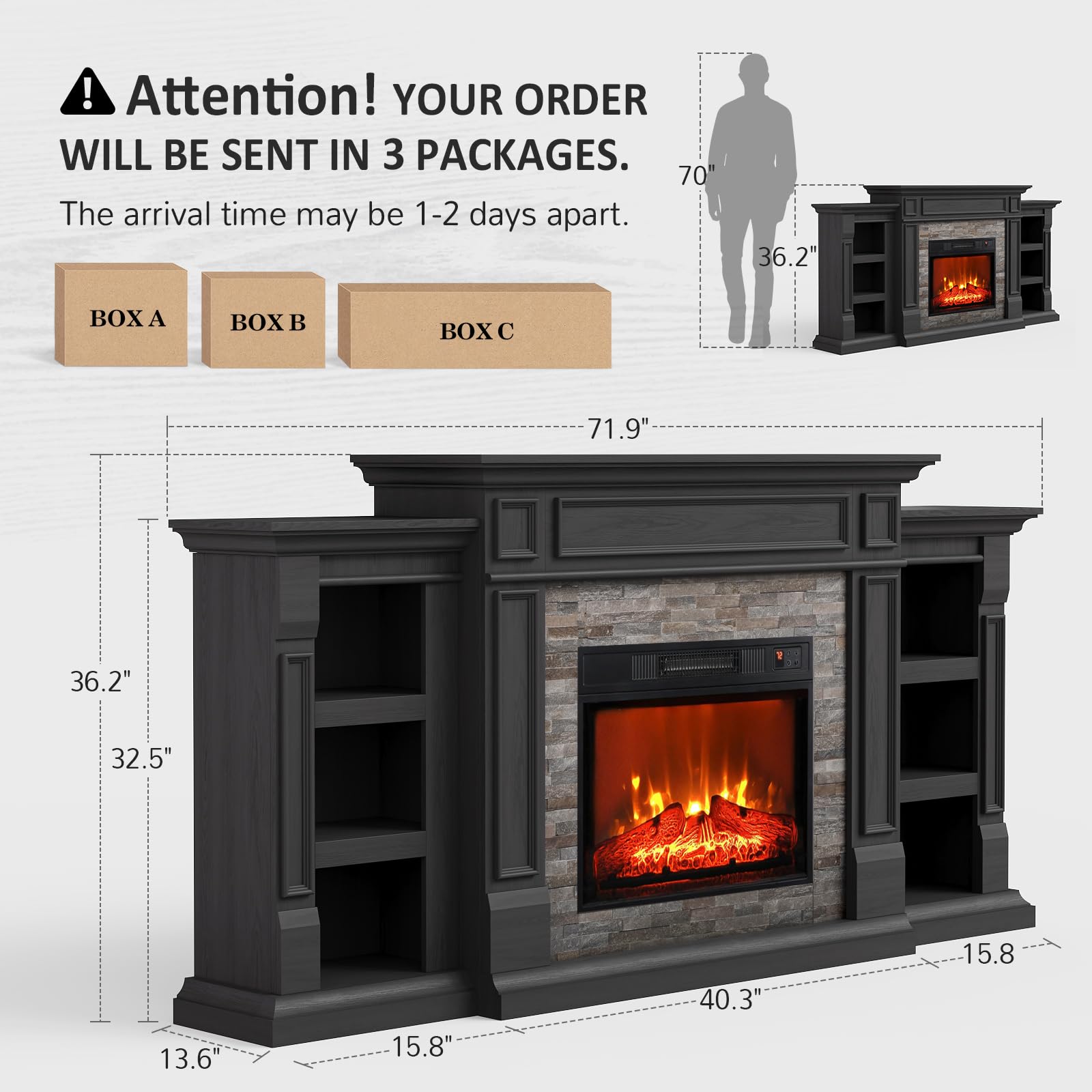 Naice 72" Electric Fireplace with Mantel and Cabinets