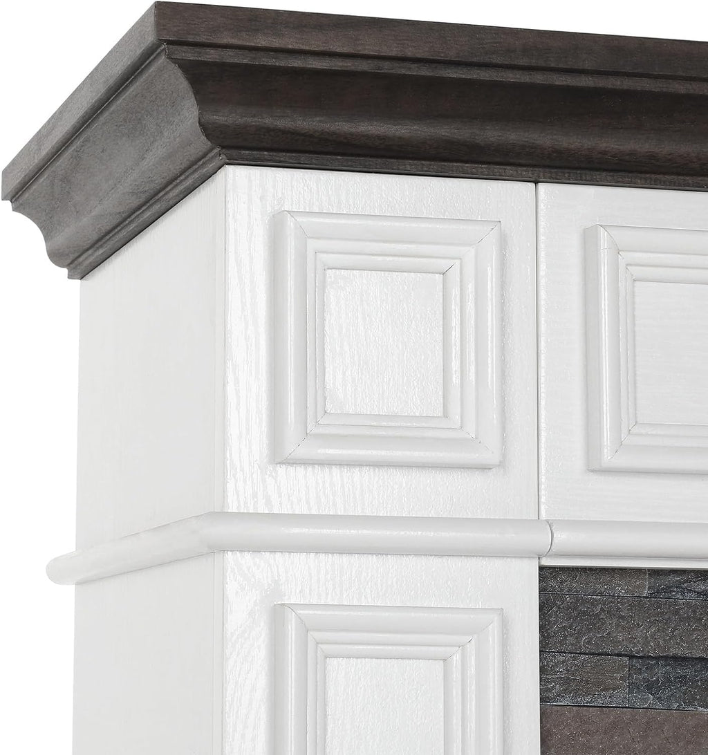 44" Electric Fireplace Mantel, LED Farmhouse TV Stand with Electric Fireplace Heater, Stacked Stone Surround and Remote Control 3D Realistic Flame, White Fireplace for Living Room Bedroom