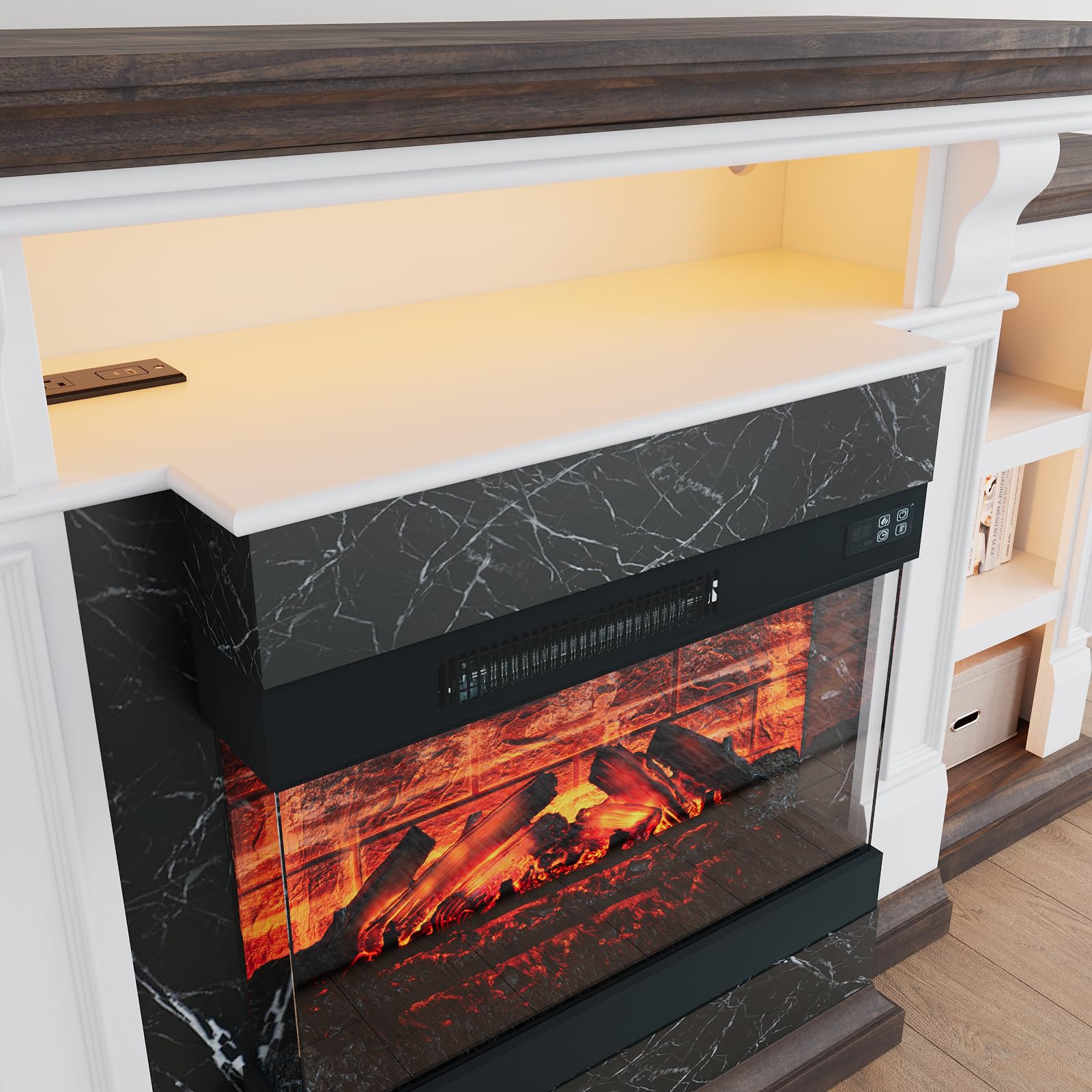 44" Electric Fireplace Mantel, LED Farmhouse TV Stand with Electric Fireplace Heater, Stacked Stone Surround and Remote Control 3D Realistic Flame, White Fireplace for Living Room Bedroom