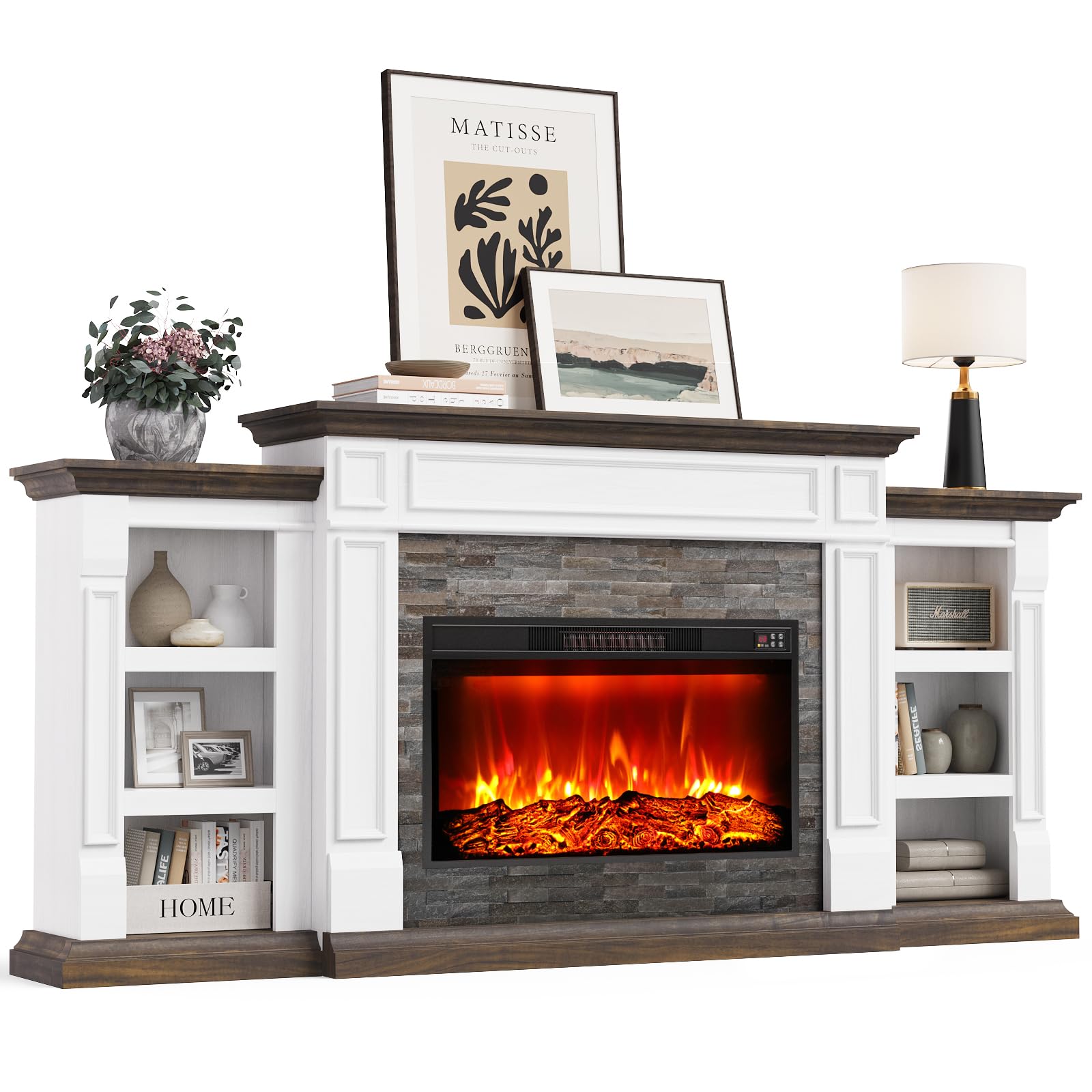 Naice 80" Electric Fireplace with Mantel and Cabinets