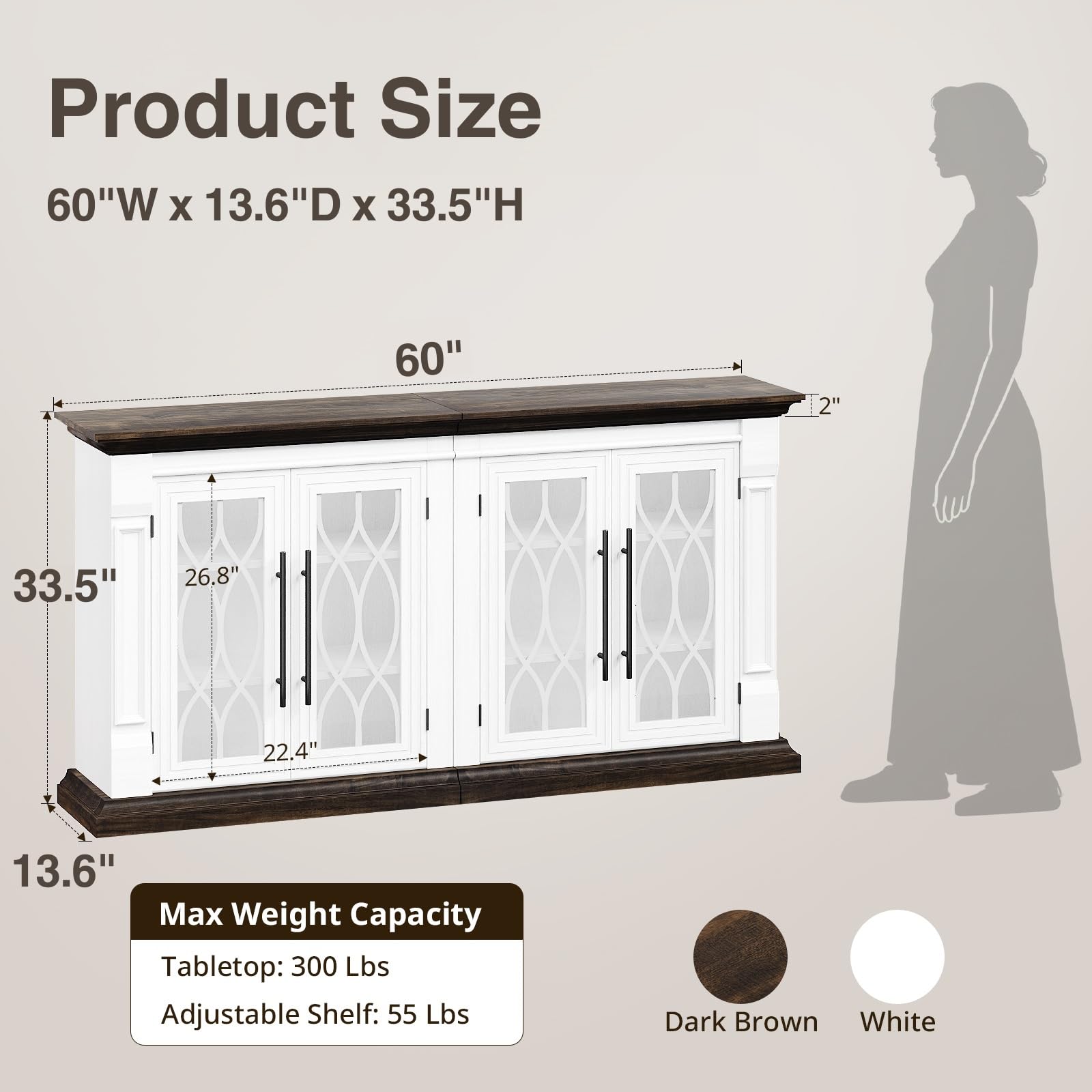 Naice Large Buffet Cabinet with Storage, 60" Sideboard Cabinets with 4 Tempered Glass Doors, Modern Farmhouse Coffee Bar Cabinet, Kitchen Buffet Table with Adjustable Shelf for Living Dining Room