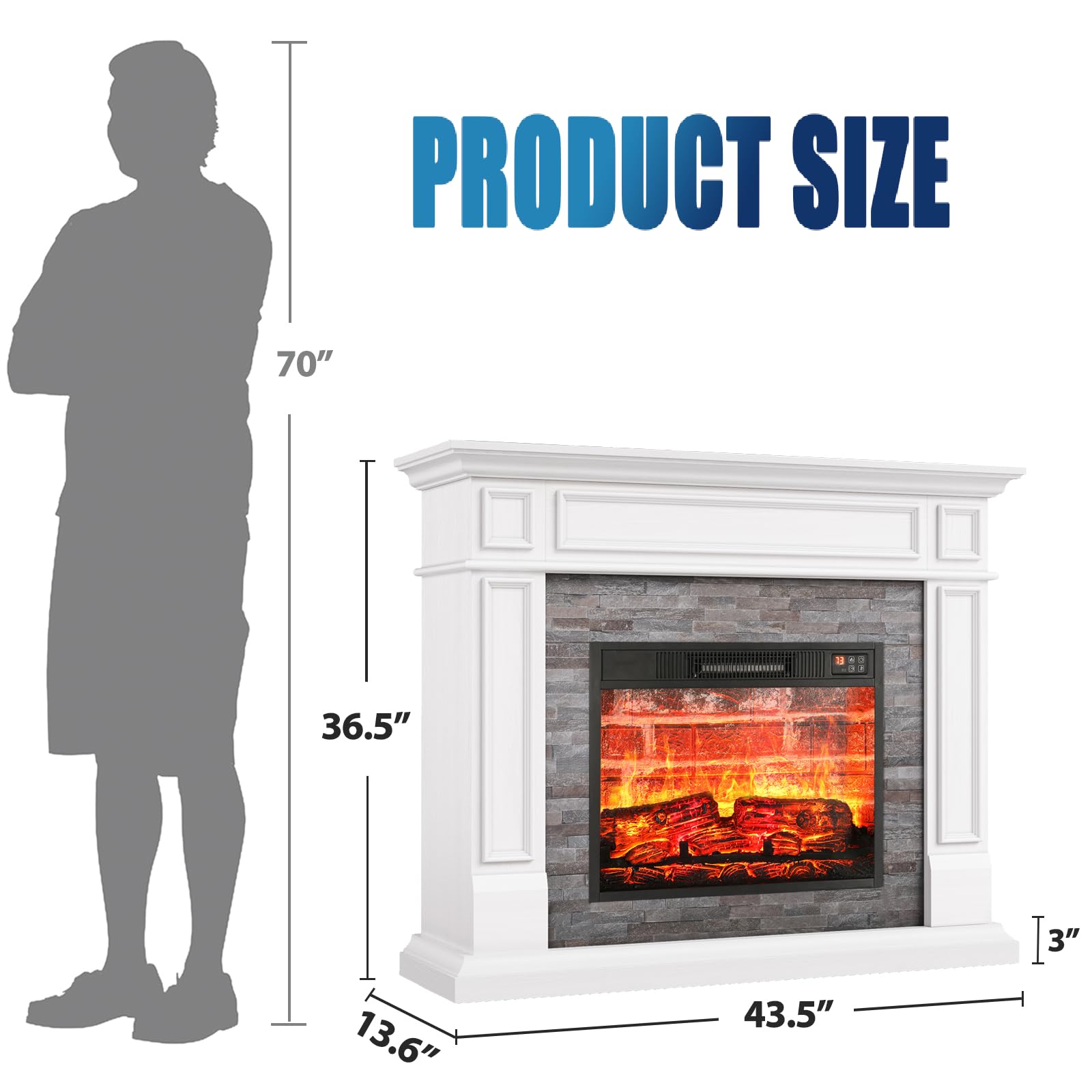 44" Electric Fireplace Mantel, LED Farmhouse TV Stand with Electric Fireplace Heater, Stacked Stone Surround and Remote Control 3D Realistic Flame, White Fireplace for Living Room Bedroom