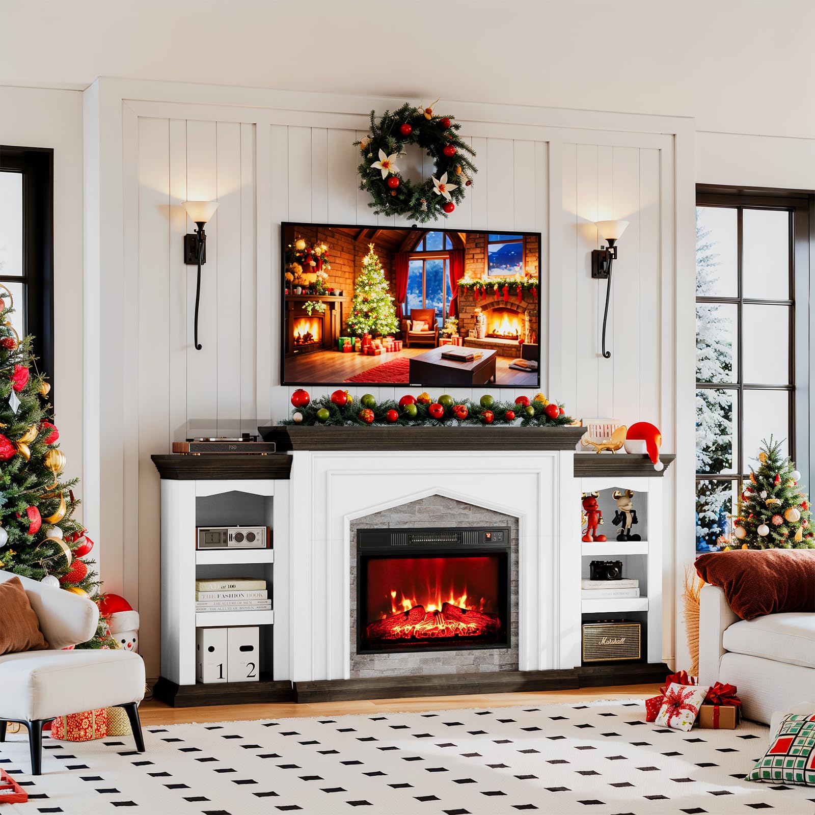 Naice 80" Electric Fireplace with Mantel, Fireplace TV Stand for TVs Up to 90in, Farmhouse Entertainment Center with Storage Cabinets, 23" Insert Heater w/Realistic Flame for Living Room, White