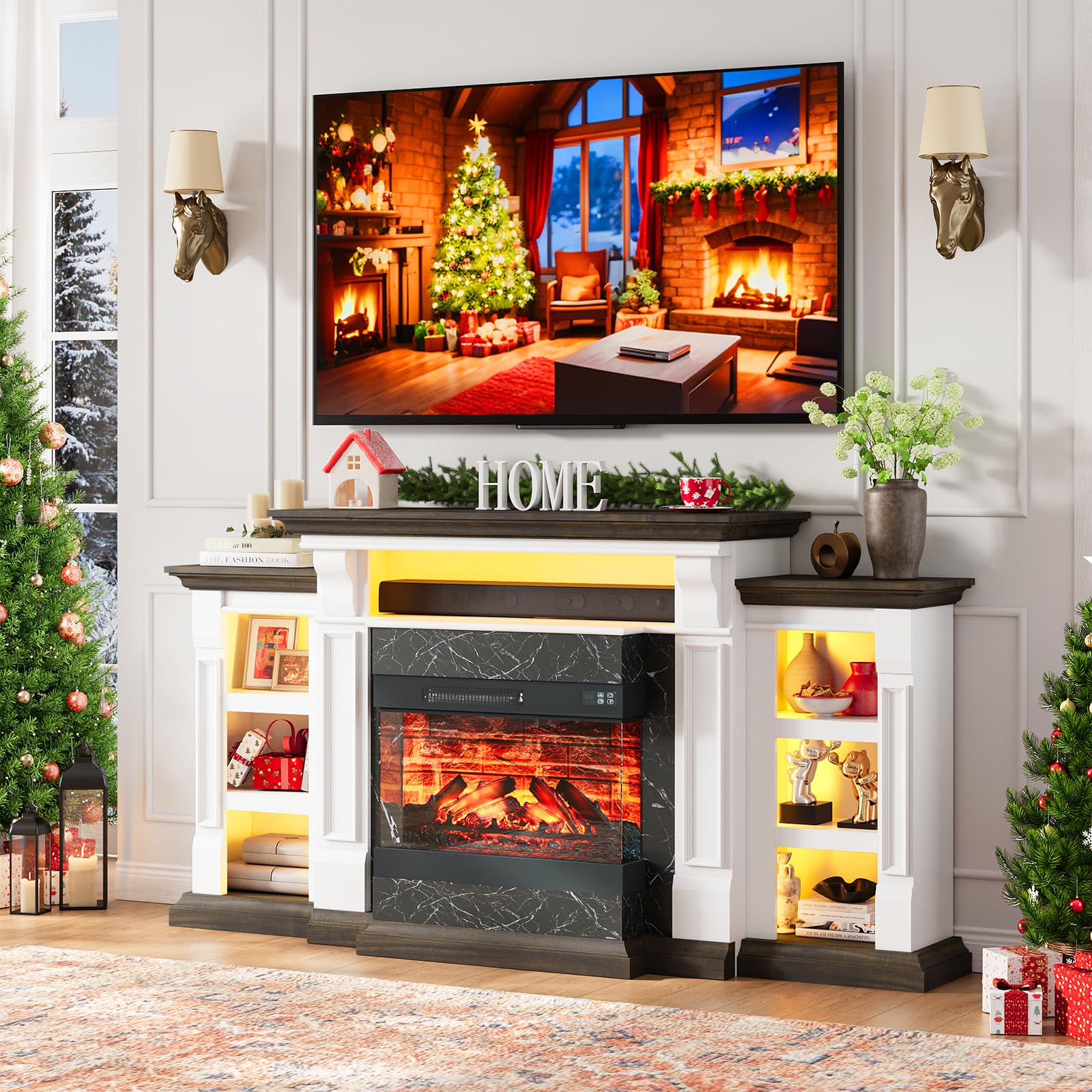 Naice 72" Electric Fireplace with Mantel, Freestanding Fireplace TV Stand with 23" 3-Side Glass Insert Heater for TVs Up to 80",Media Entertainment Center w/Storage Cabinet for Living Room,Black