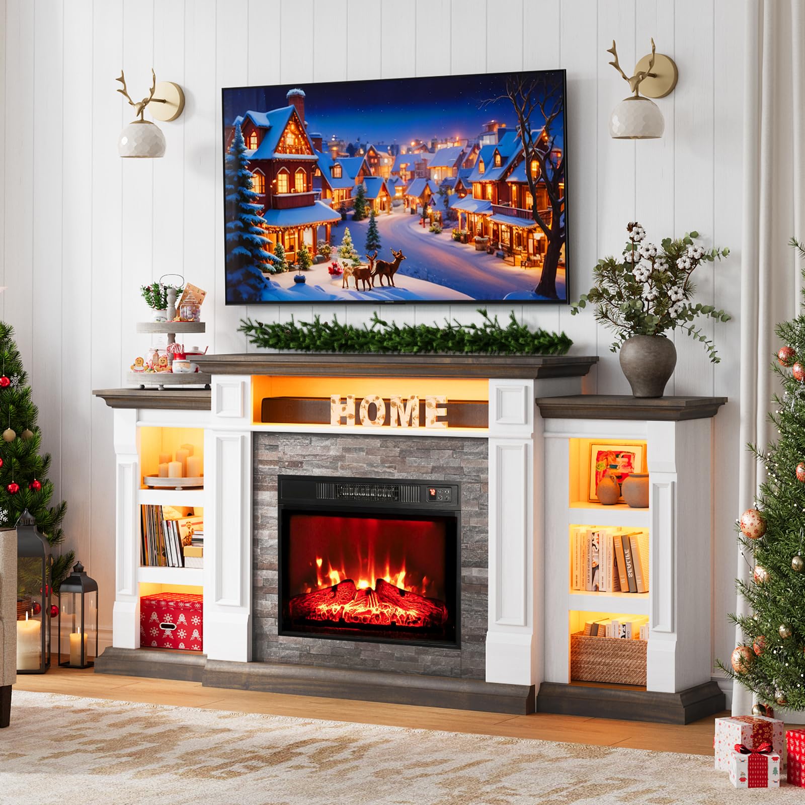 Naice 72" Electric Fireplace with Mantel and Cabinets